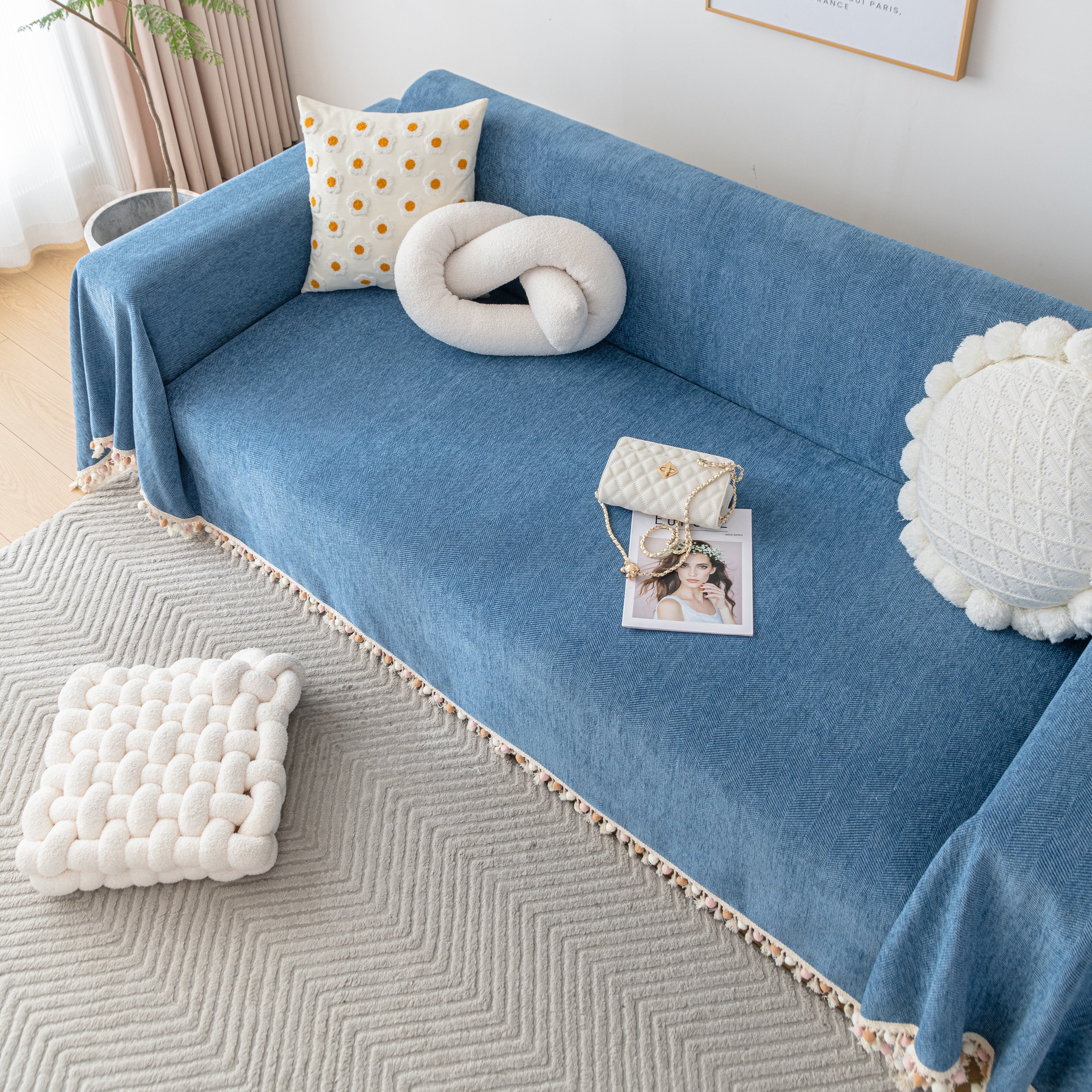 Couch Cover Sectional L Shape Chenille Herringbone Couch Throw Cover With Tassel Pom-poms For Pets