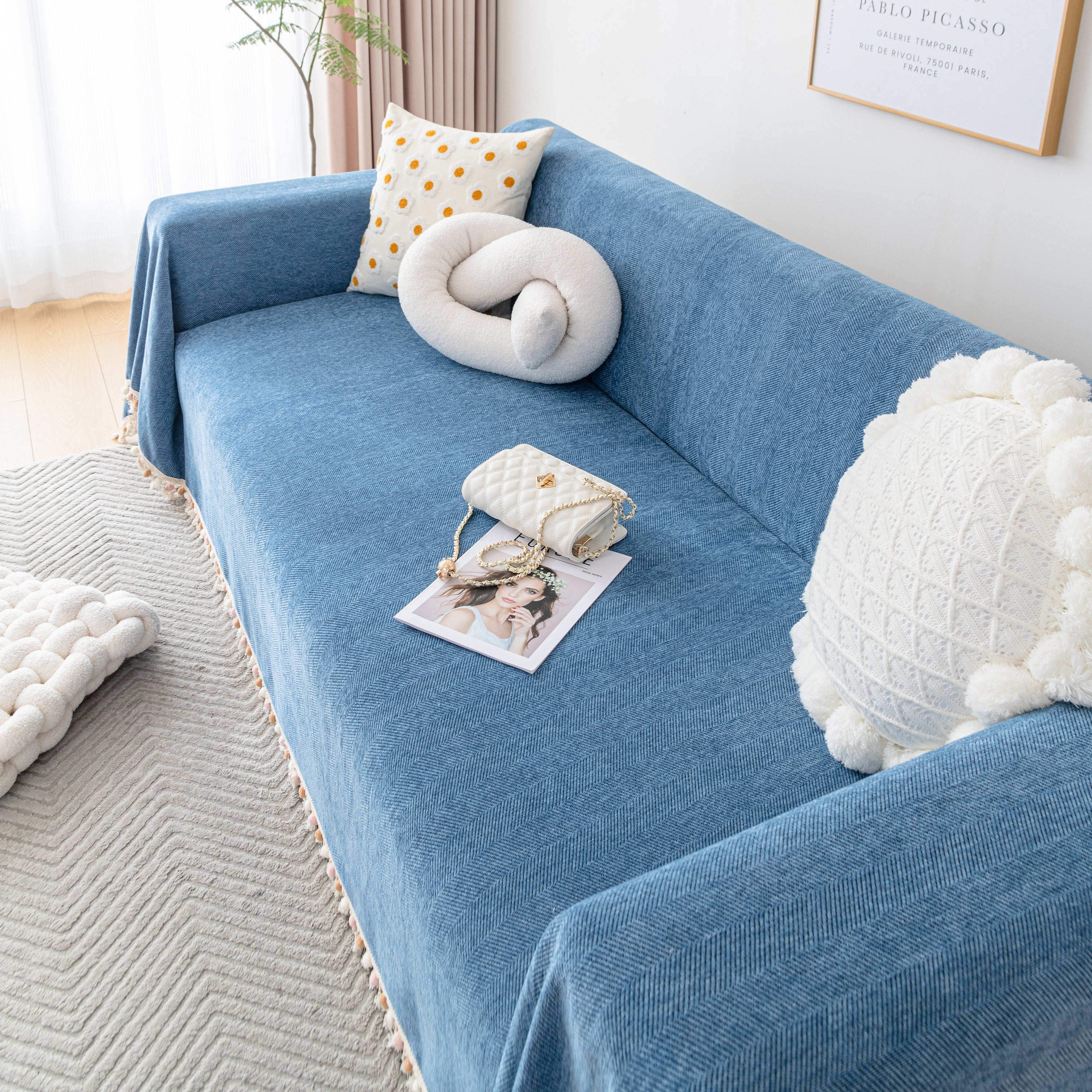 Couch Cover Sectional L Shape Chenille Herringbone Couch Throw Cover With Tassel Pom-poms For Pets