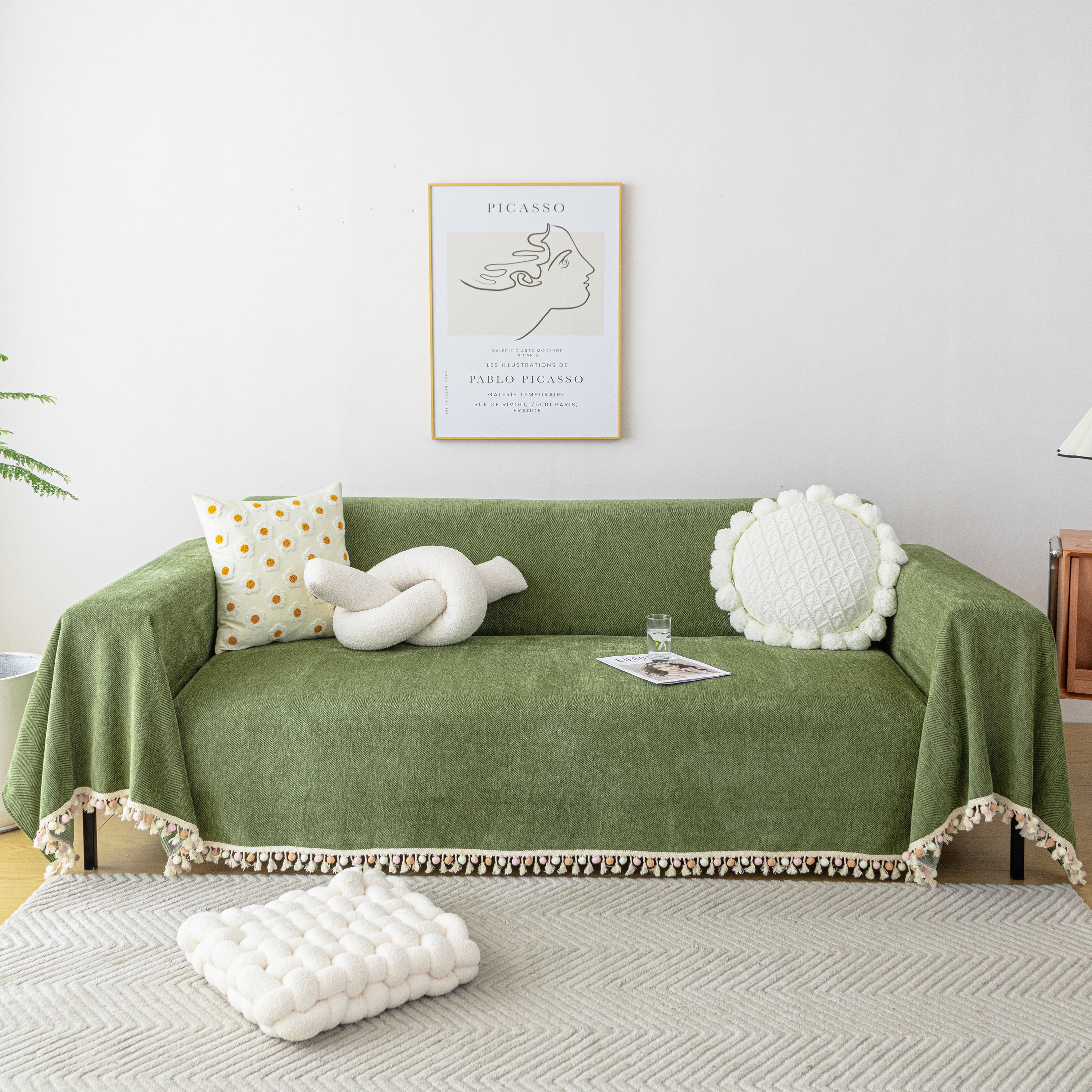 Couch Cover Sectional L Shape Chenille Herringbone Couch Throw Cover With Tassel Pom-poms For Pets