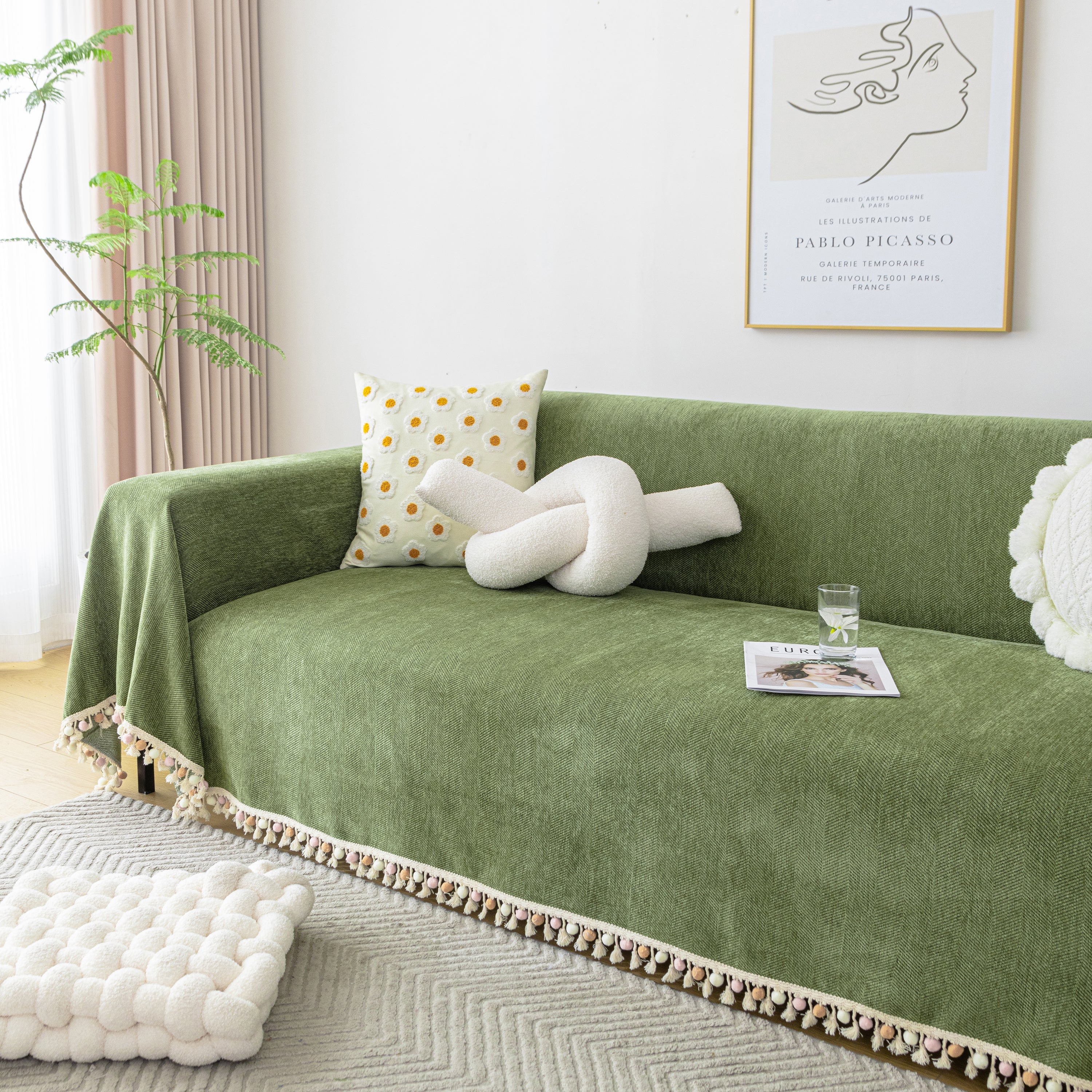 Couch Cover Sectional L Shape Chenille Herringbone Couch Throw Cover With Tassel Pom-poms For Pets