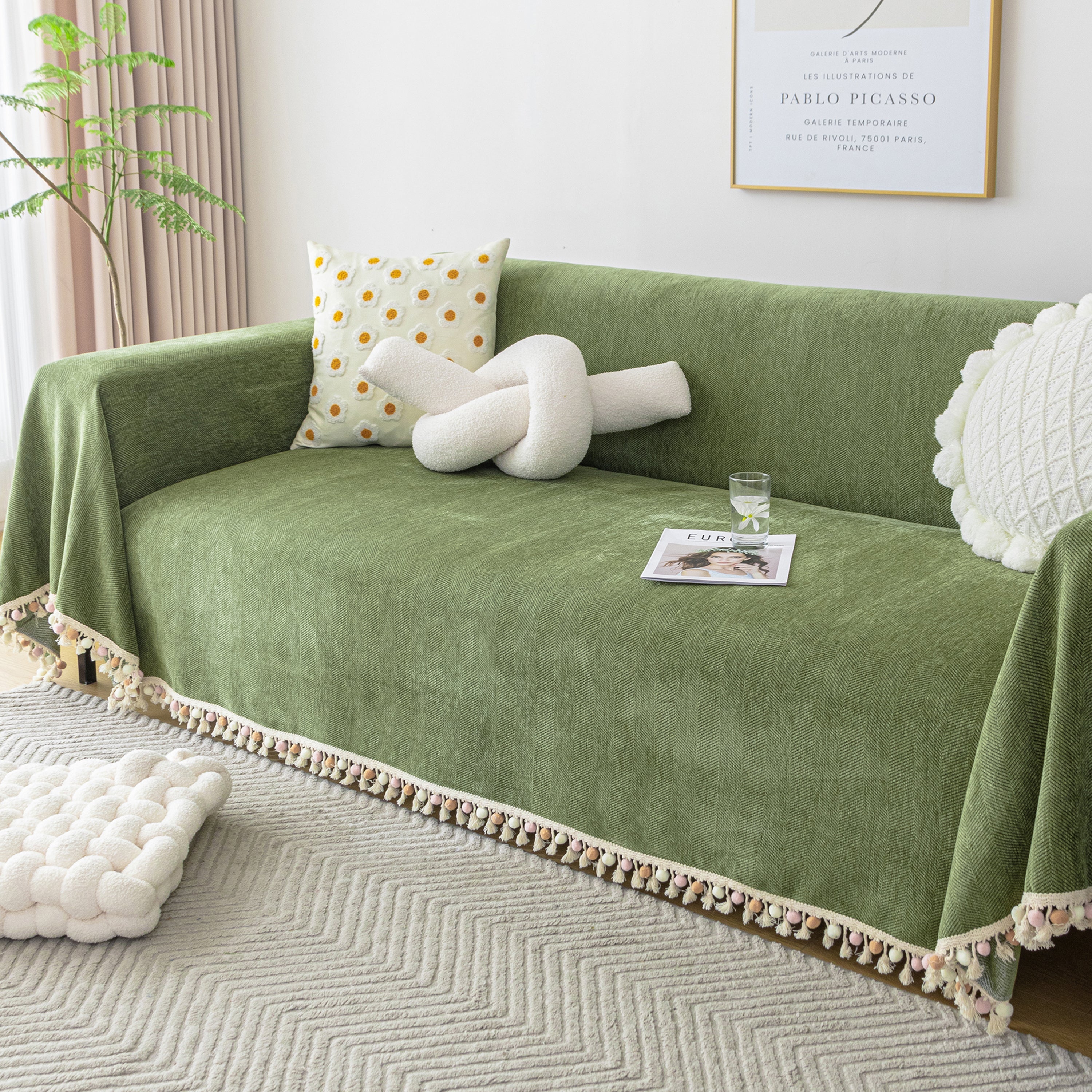 Couch Cover Sectional L Shape Chenille Herringbone Couch Throw Cover With Tassel Pom-poms For Pets