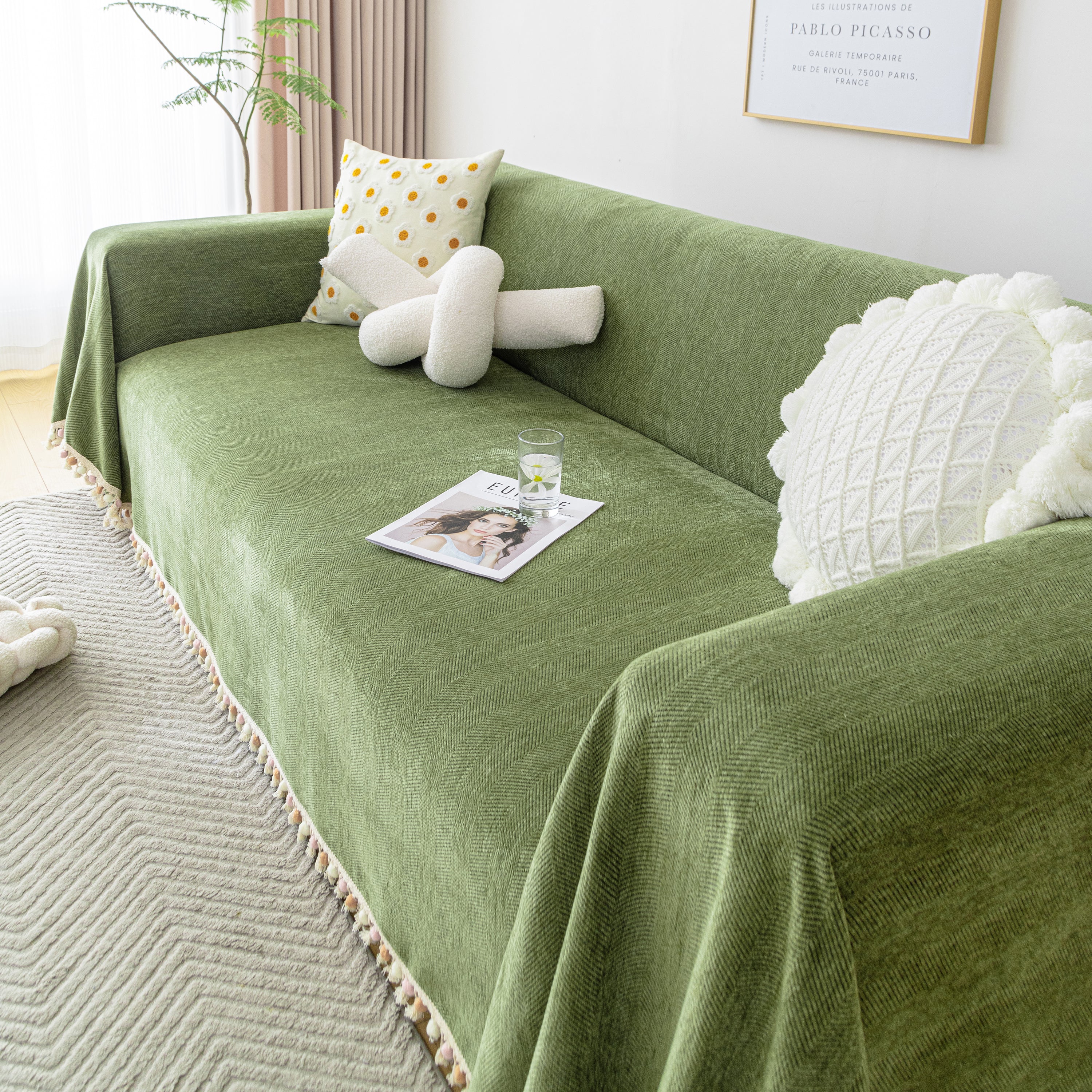 Couch Cover Sectional L Shape Chenille Herringbone Couch Throw Cover With Tassel Pom-poms For Pets