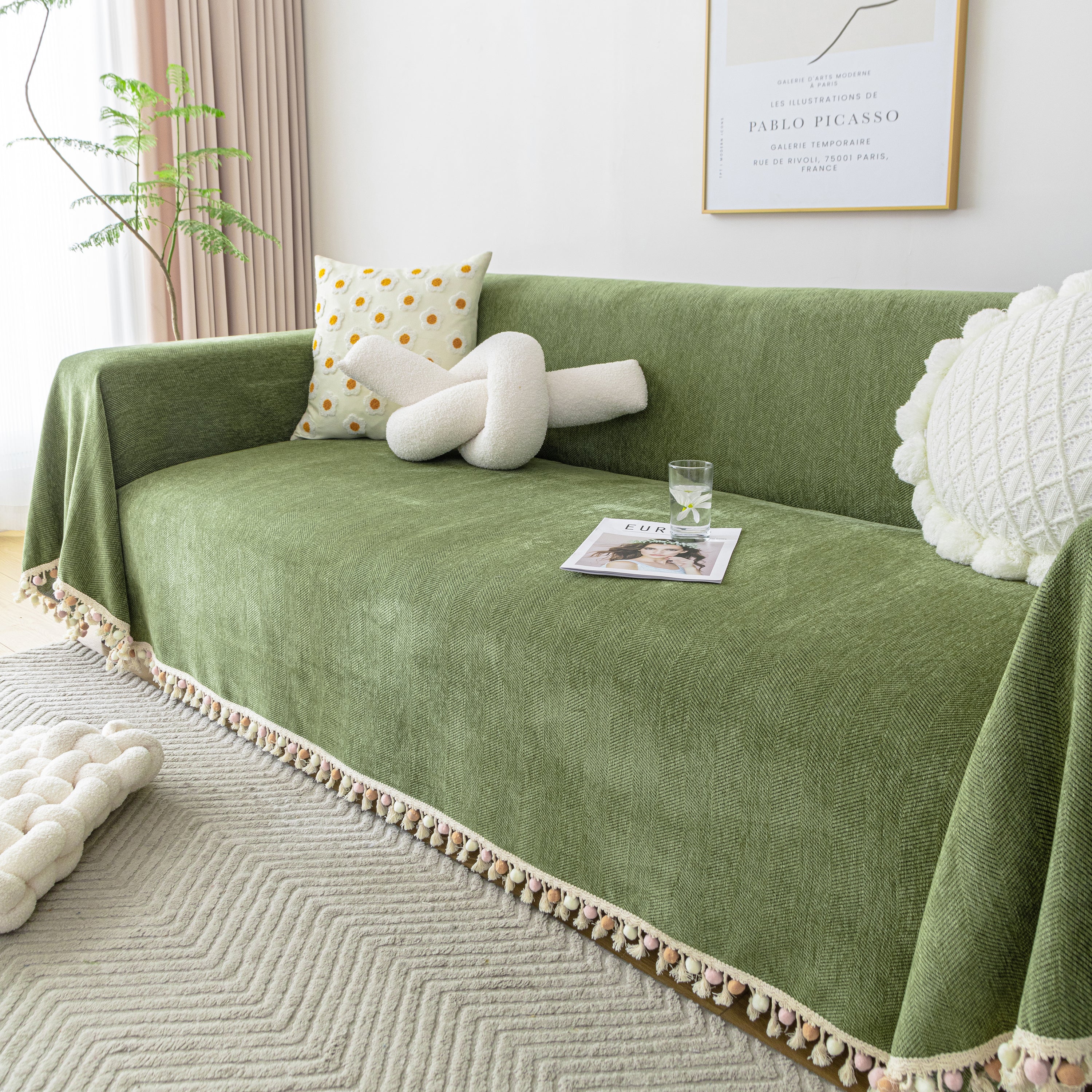 Couch Cover Sectional L Shape Chenille Herringbone Couch Throw Cover With Tassel Pom-poms For Pets