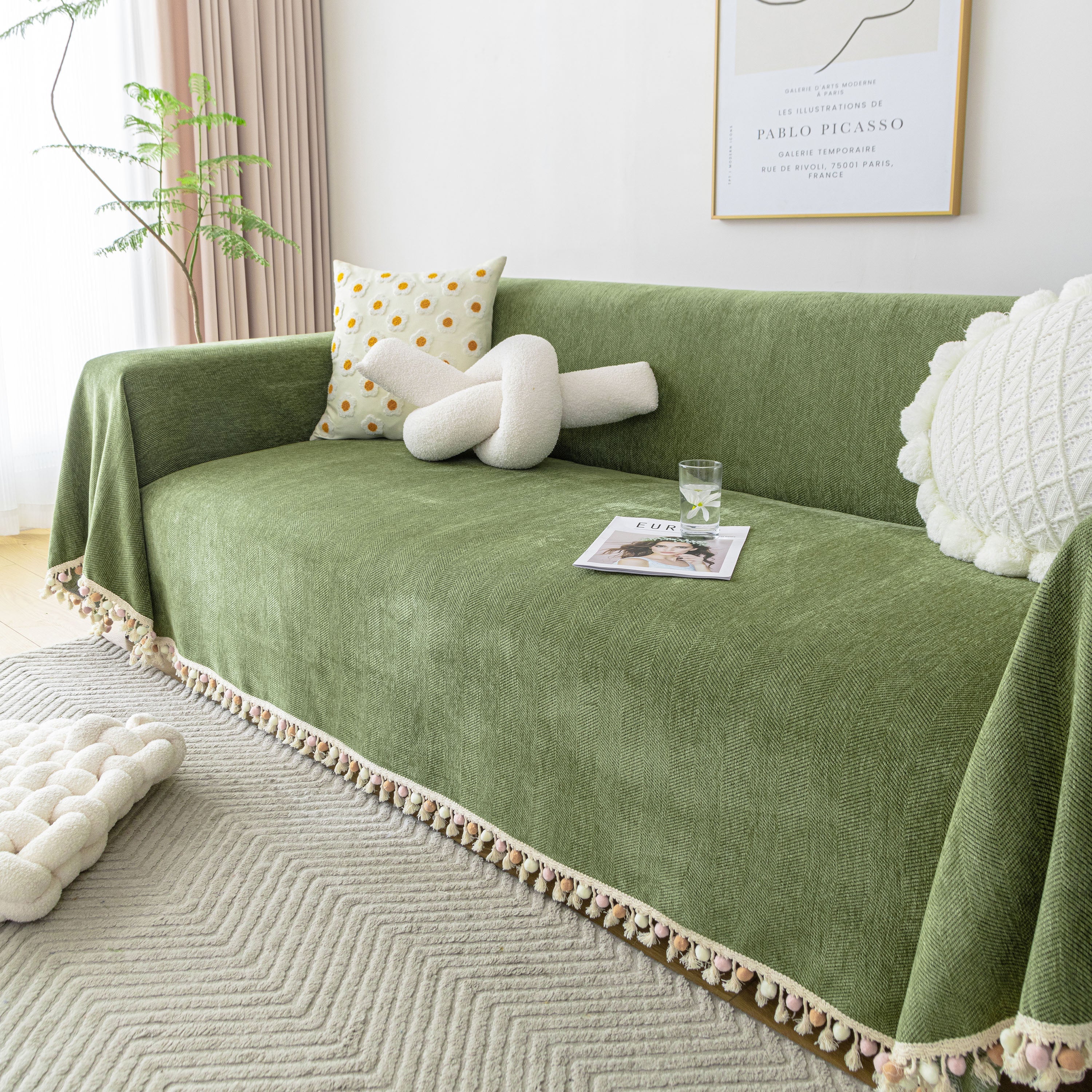Boho Herringbone Sofa Throw Blanket With Pom Pom Tassels Stylish Furniture Slipcover