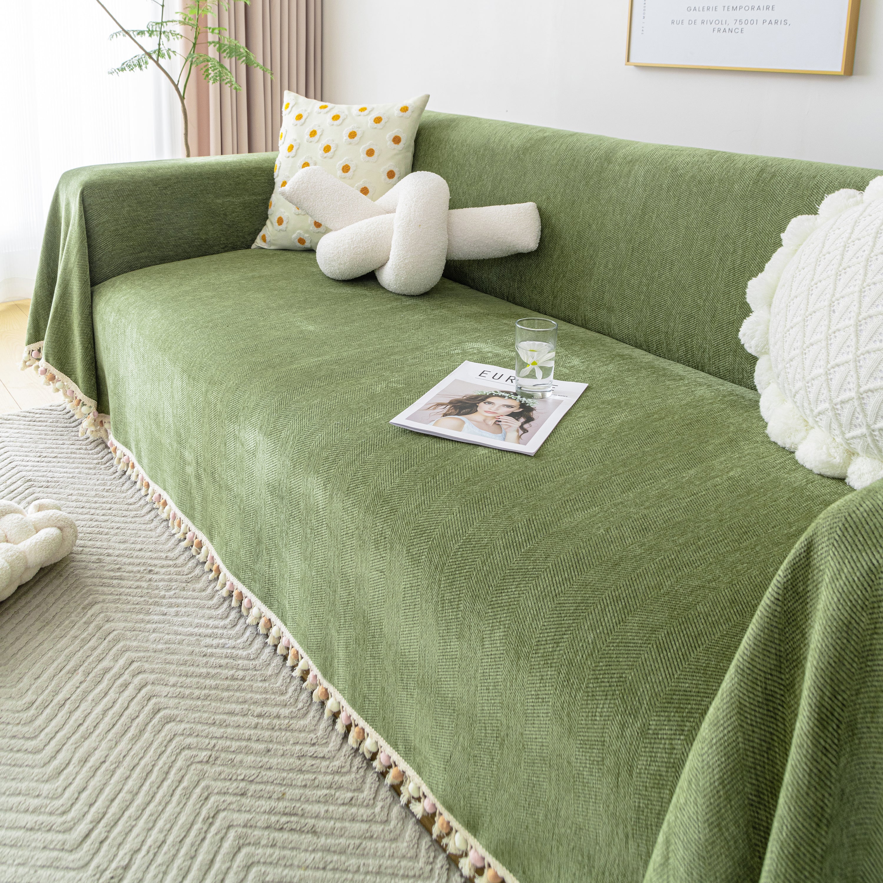 Couch Cover Sectional L Shape Chenille Herringbone Couch Throw Cover With Tassel Pom-poms For Pets
