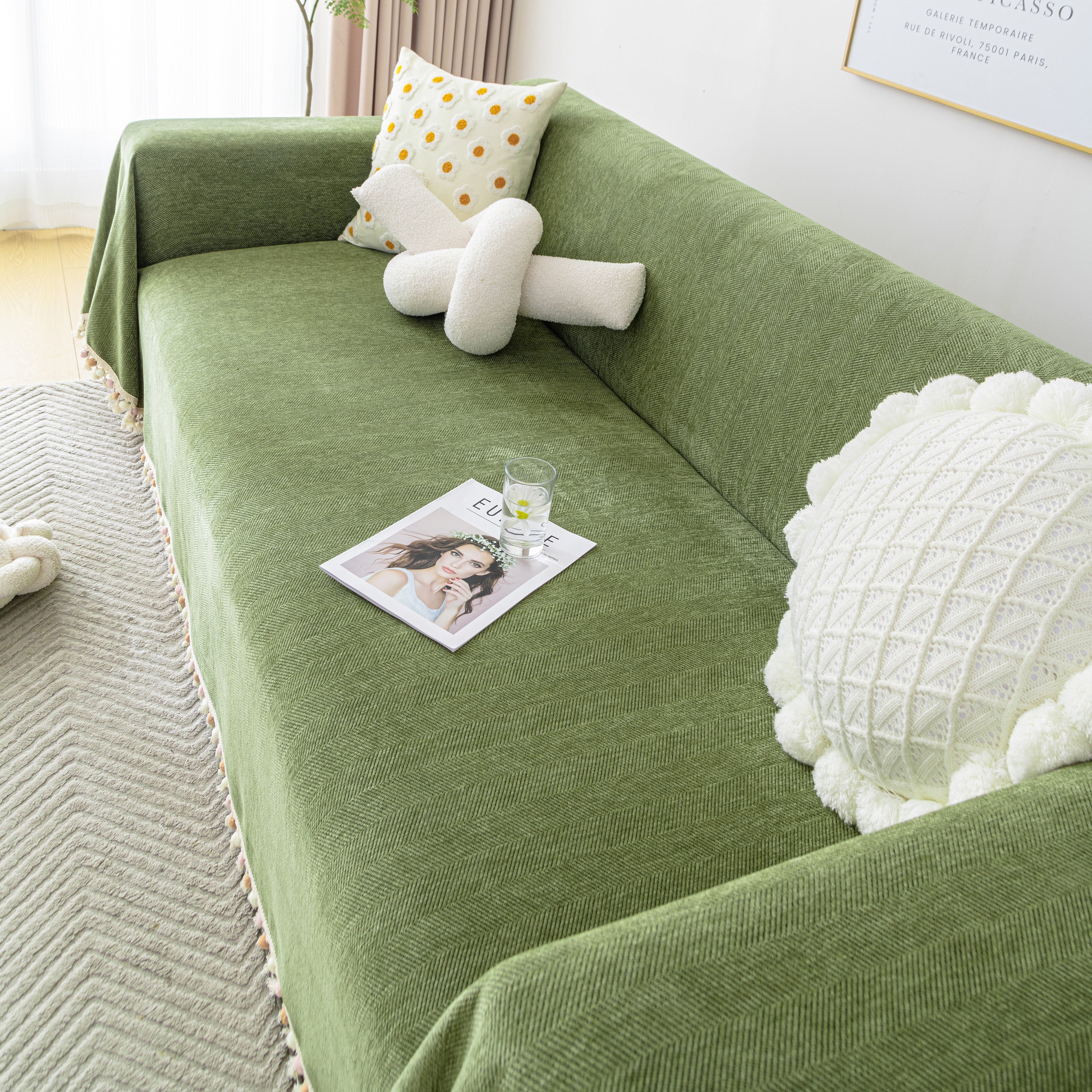Couch Cover Sectional L Shape Chenille Herringbone Couch Throw Cover With Tassel Pom-poms For Pets