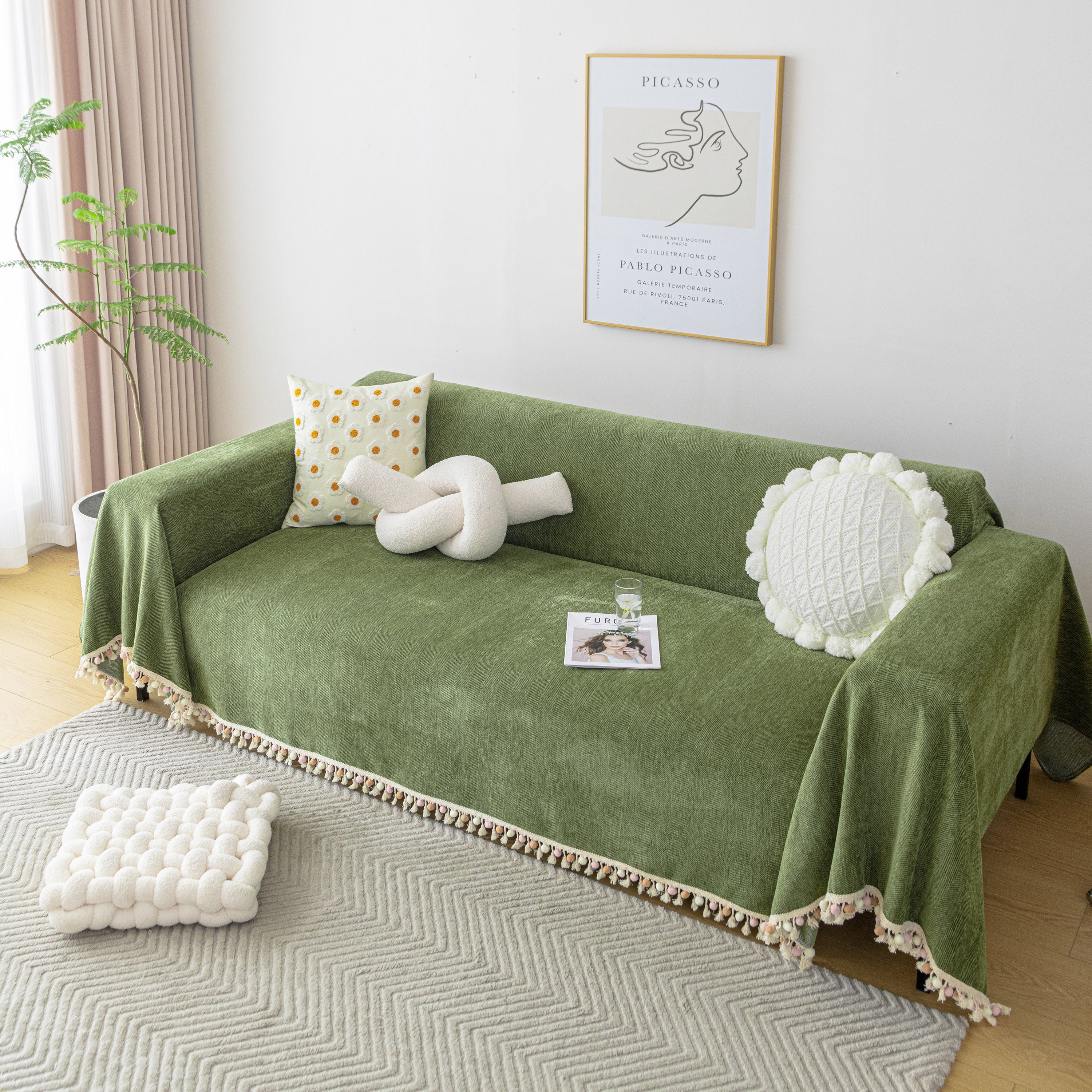 Boho Herringbone Sofa Throw Blanket With Pom Pom Tassels Stylish Furniture Slipcover
