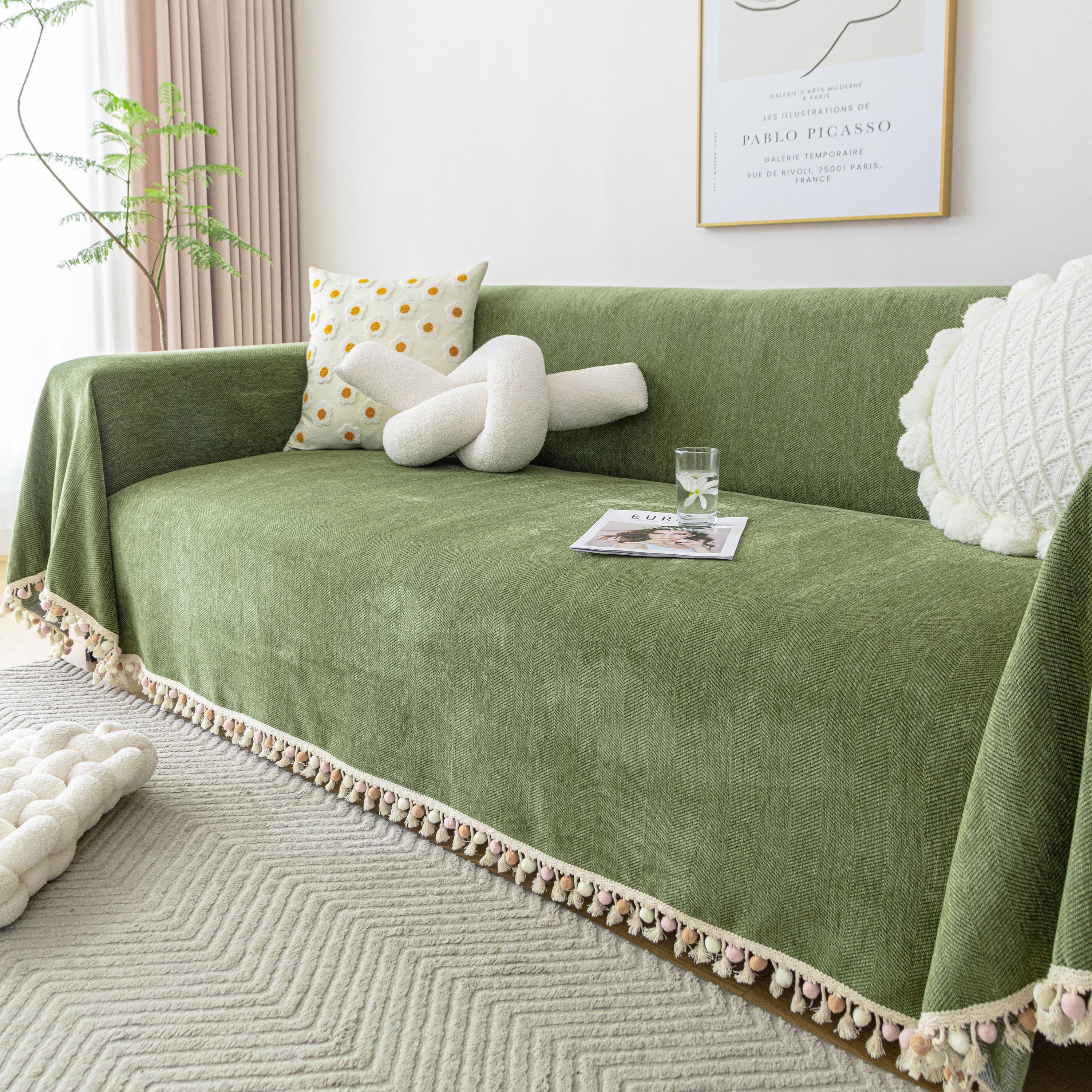 Couch Cover Sectional L Shape Chenille Herringbone Couch Throw Cover With Tassel Pom-poms For Pets