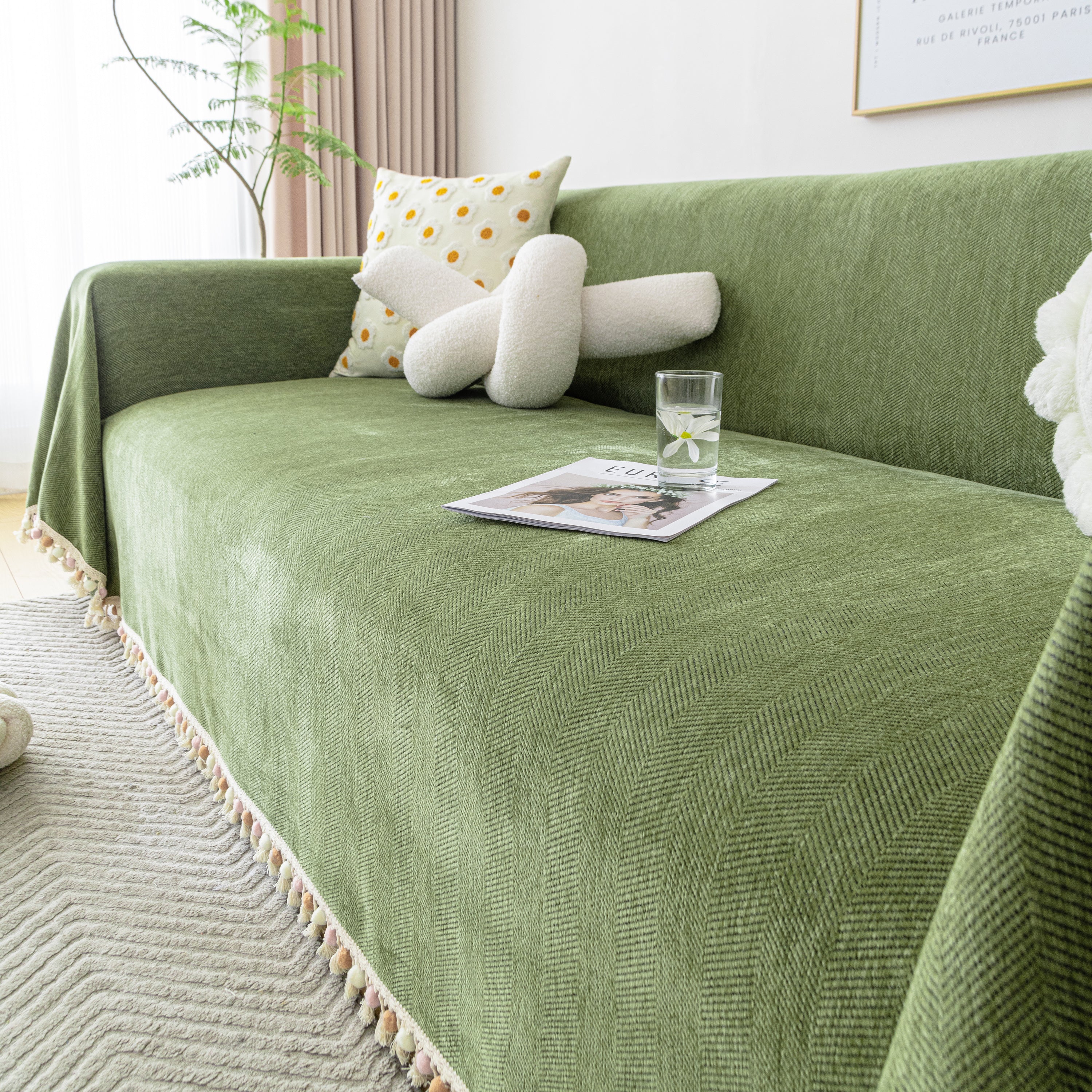 Couch Cover Sectional L Shape Chenille Herringbone Couch Throw Cover With Tassel Pom-poms For Pets