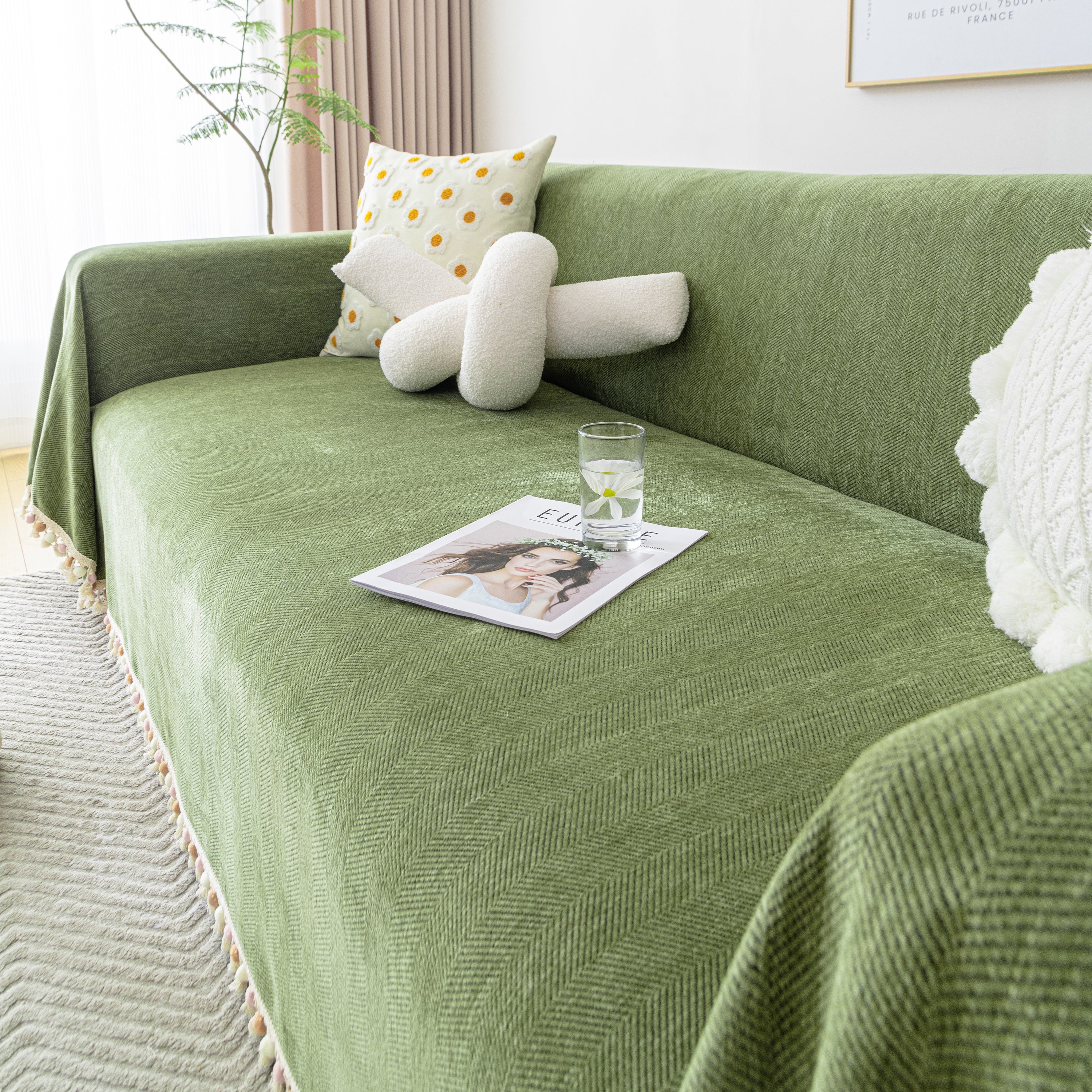Couch Cover Sectional L Shape Chenille Herringbone Couch Throw Cover With Tassel Pom-poms For Pets