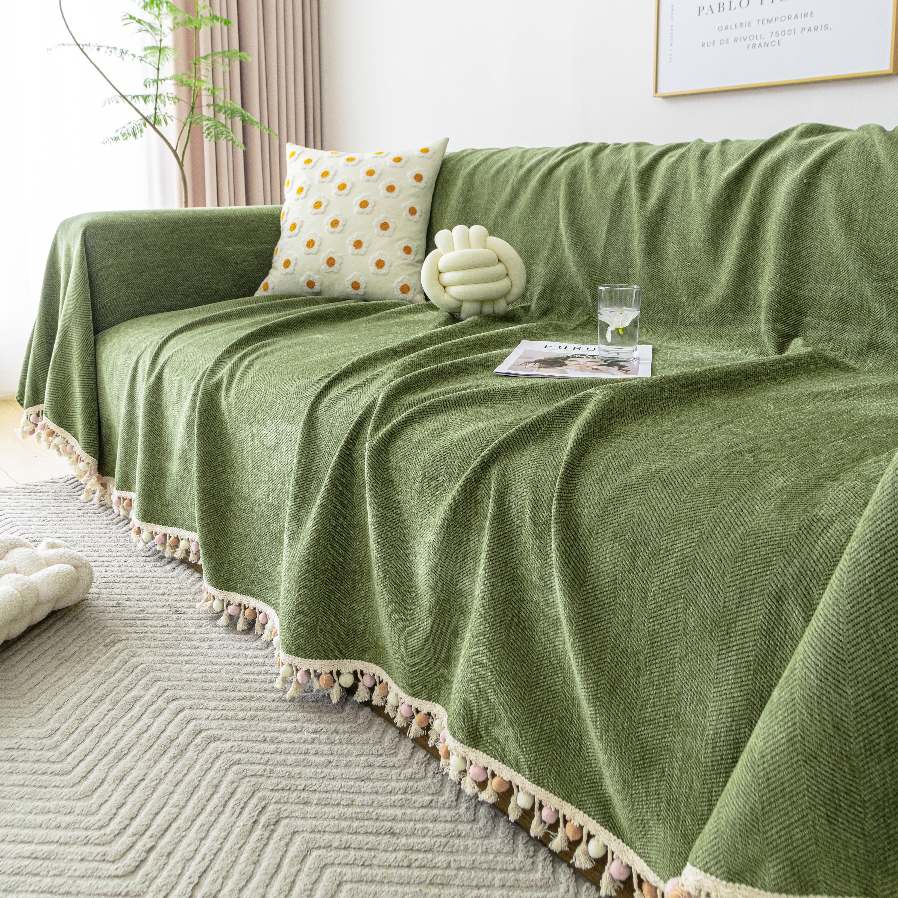 Couch Cover Sectional L Shape Chenille Herringbone Couch Throw Cover With Tassel Pom-poms For Pets