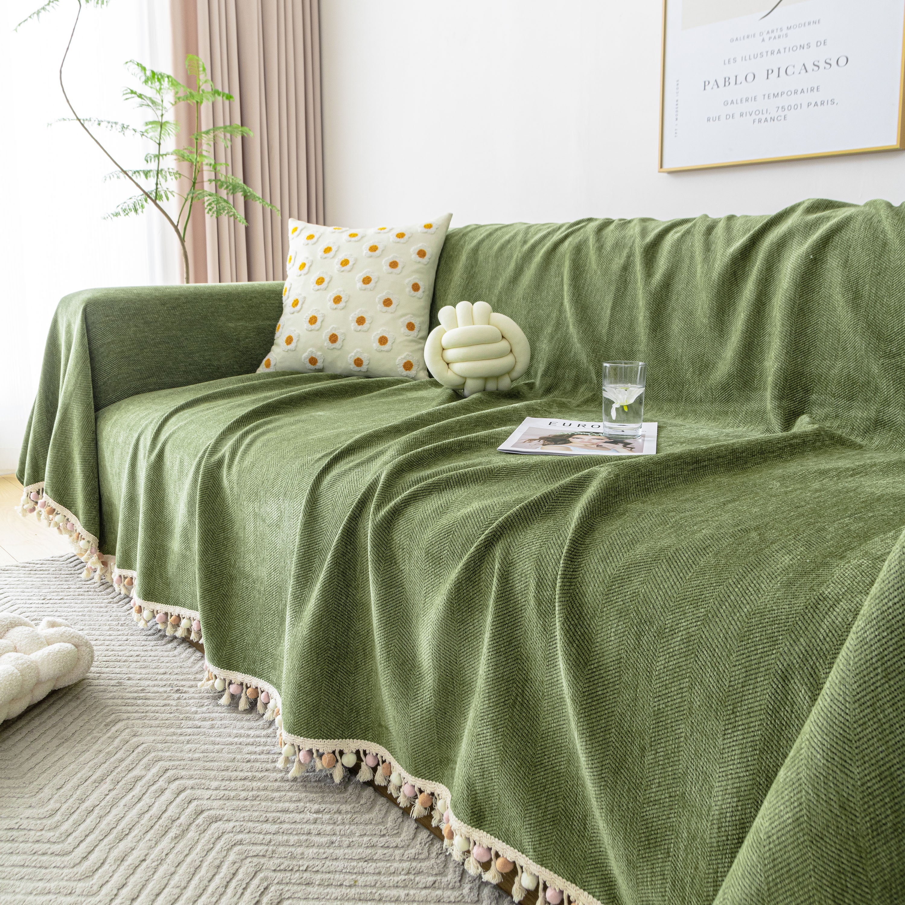 Boho Herringbone Sofa Throw Blanket With Pom Pom Tassels Stylish Furniture Slipcover