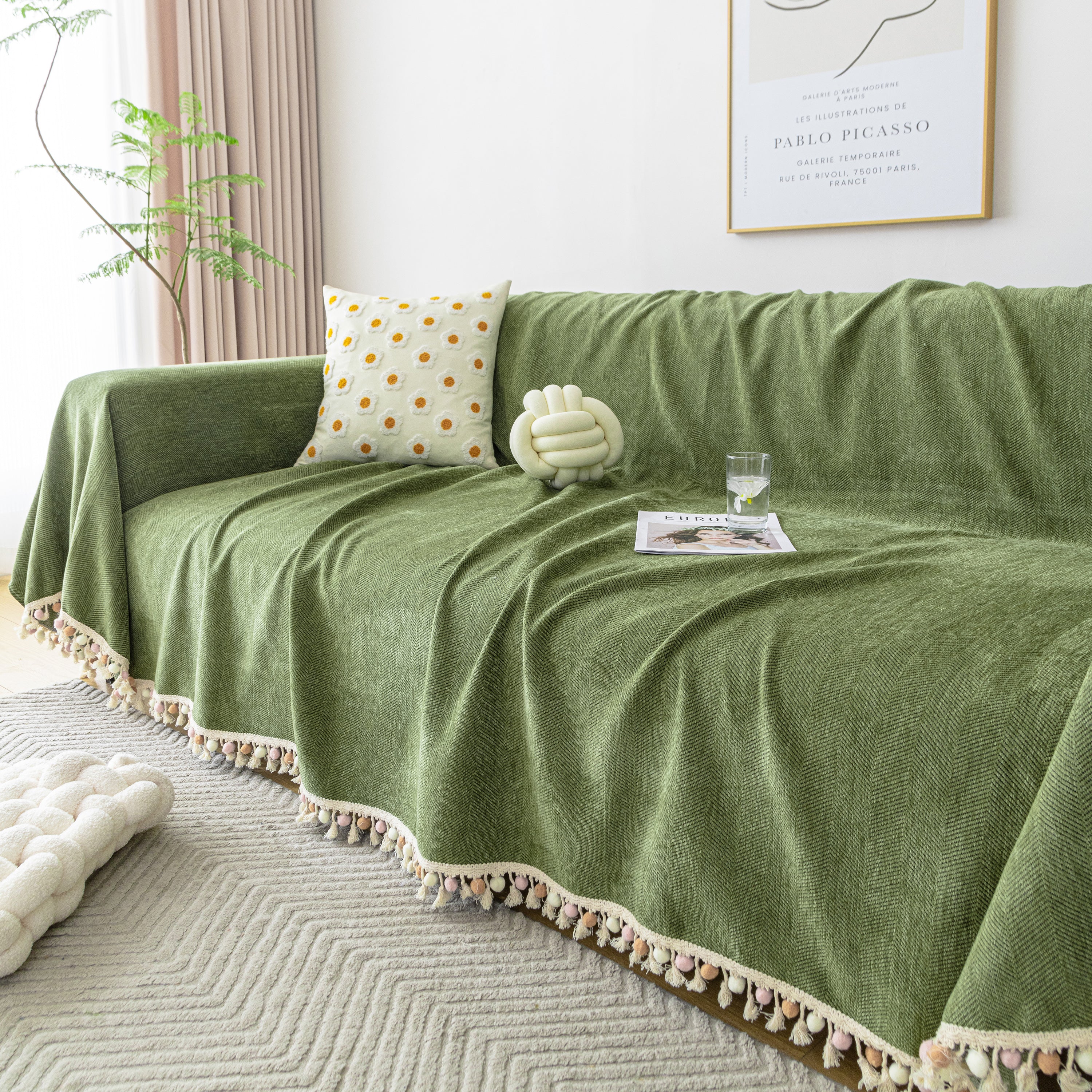 Couch Cover Sectional L Shape Chenille Herringbone Couch Throw Cover With Tassel Pom-poms For Pets