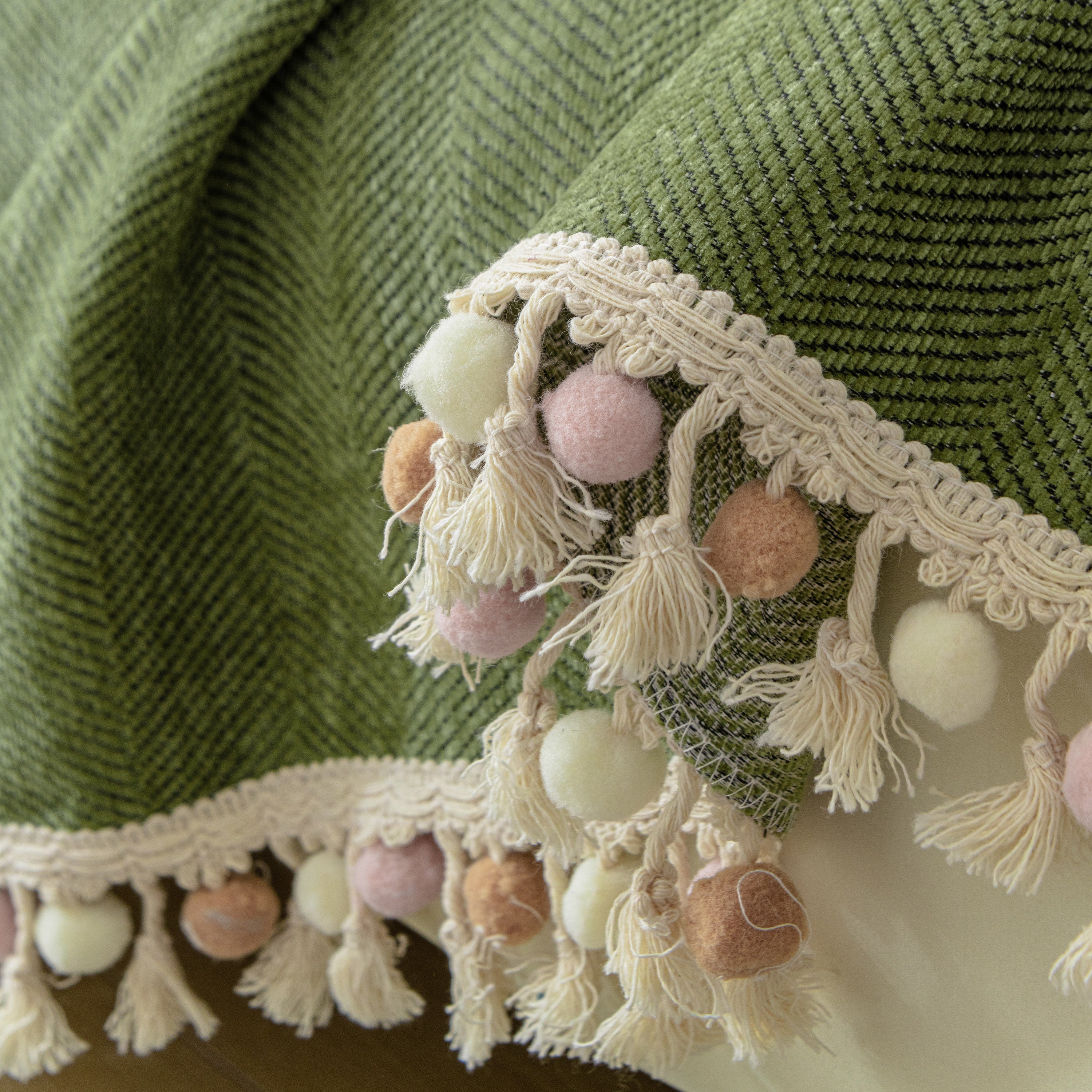 Boho Herringbone Sofa Throw Blanket With Pom Pom Tassels Stylish Furniture Slipcover