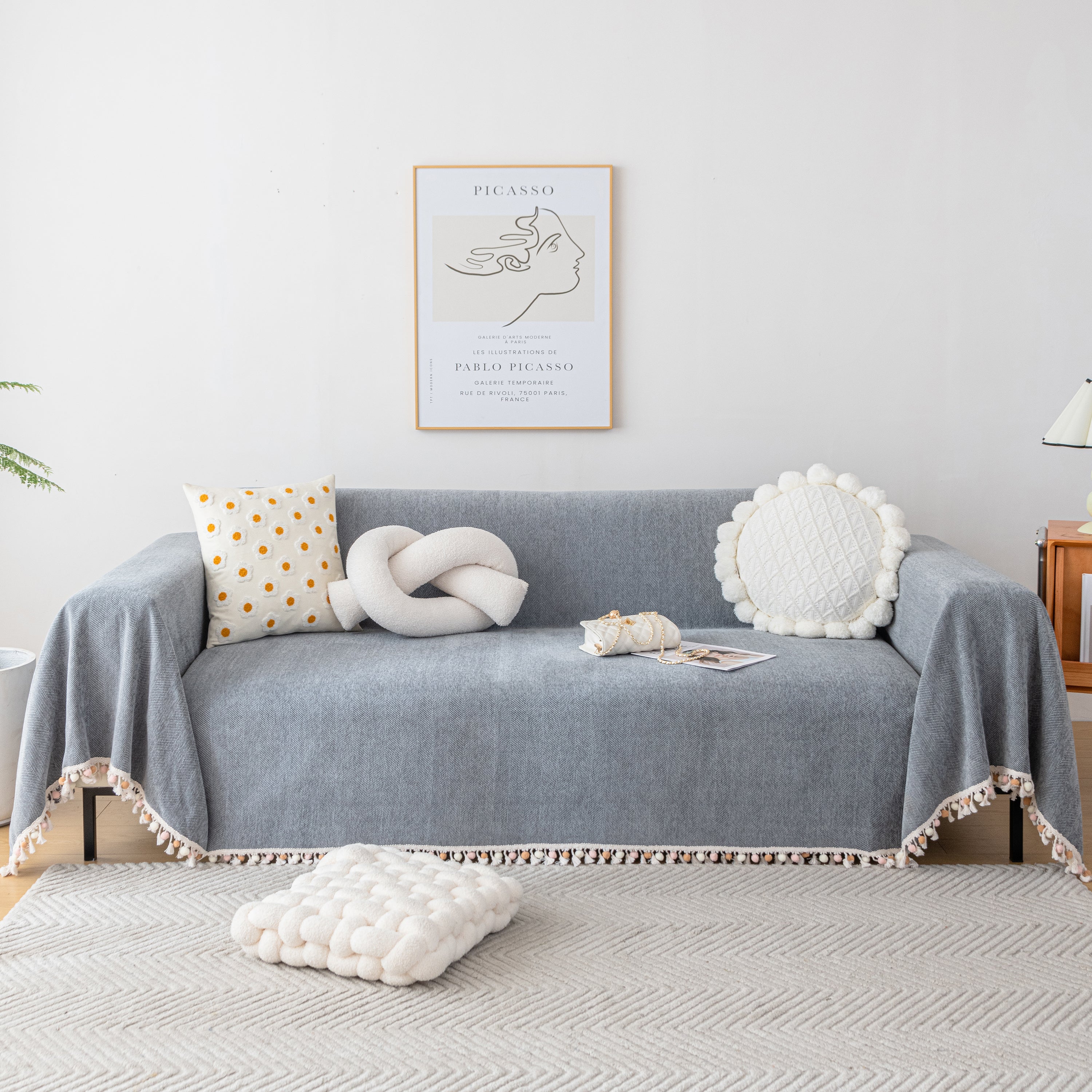 Couch Cover Sectional L Shape Chenille Herringbone Couch Throw Cover With Tassel Pom-poms For Pets