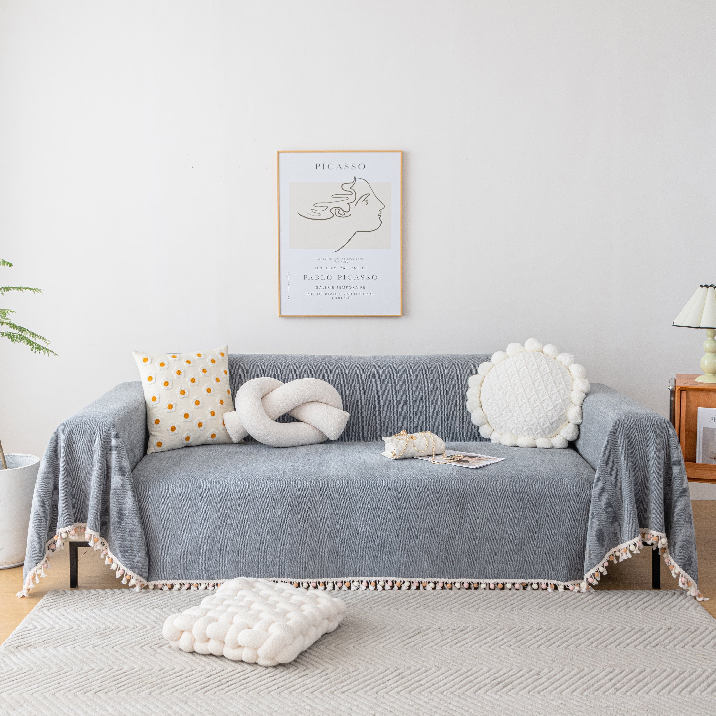 Boho Herringbone Sofa Throw Blanket With Pom Pom Tassels Stylish Furniture Slipcover
