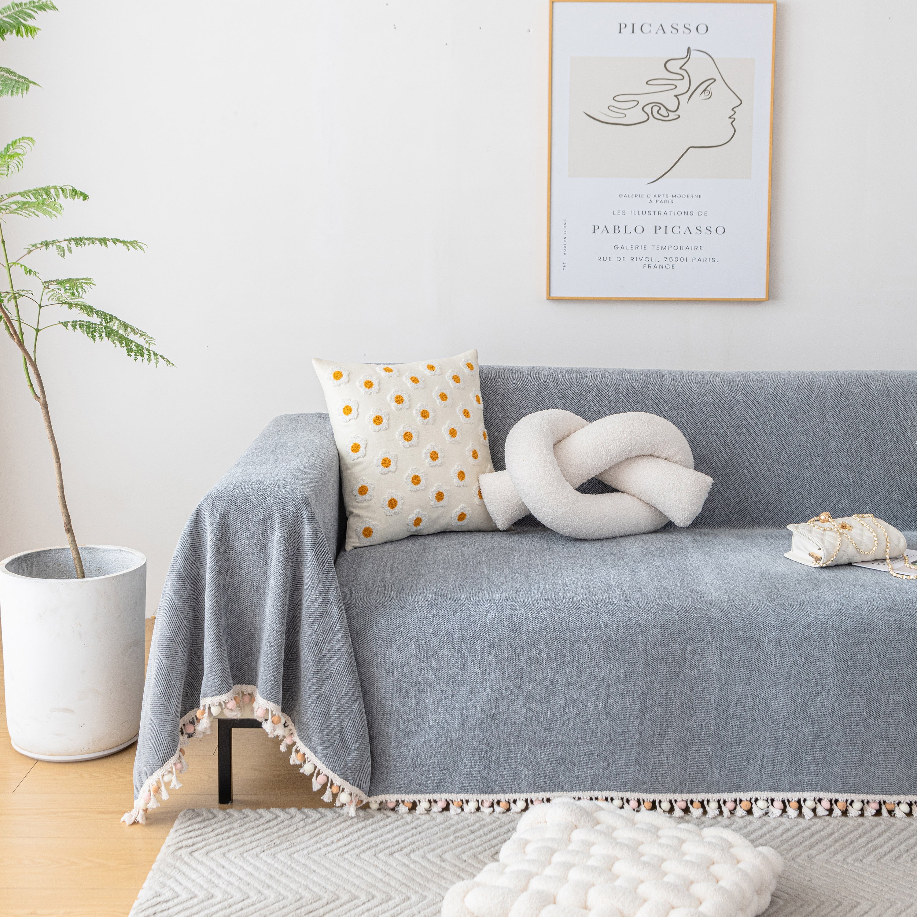 Boho Herringbone Sofa Throw Blanket With Pom Pom Tassels Stylish Furniture Slipcover
