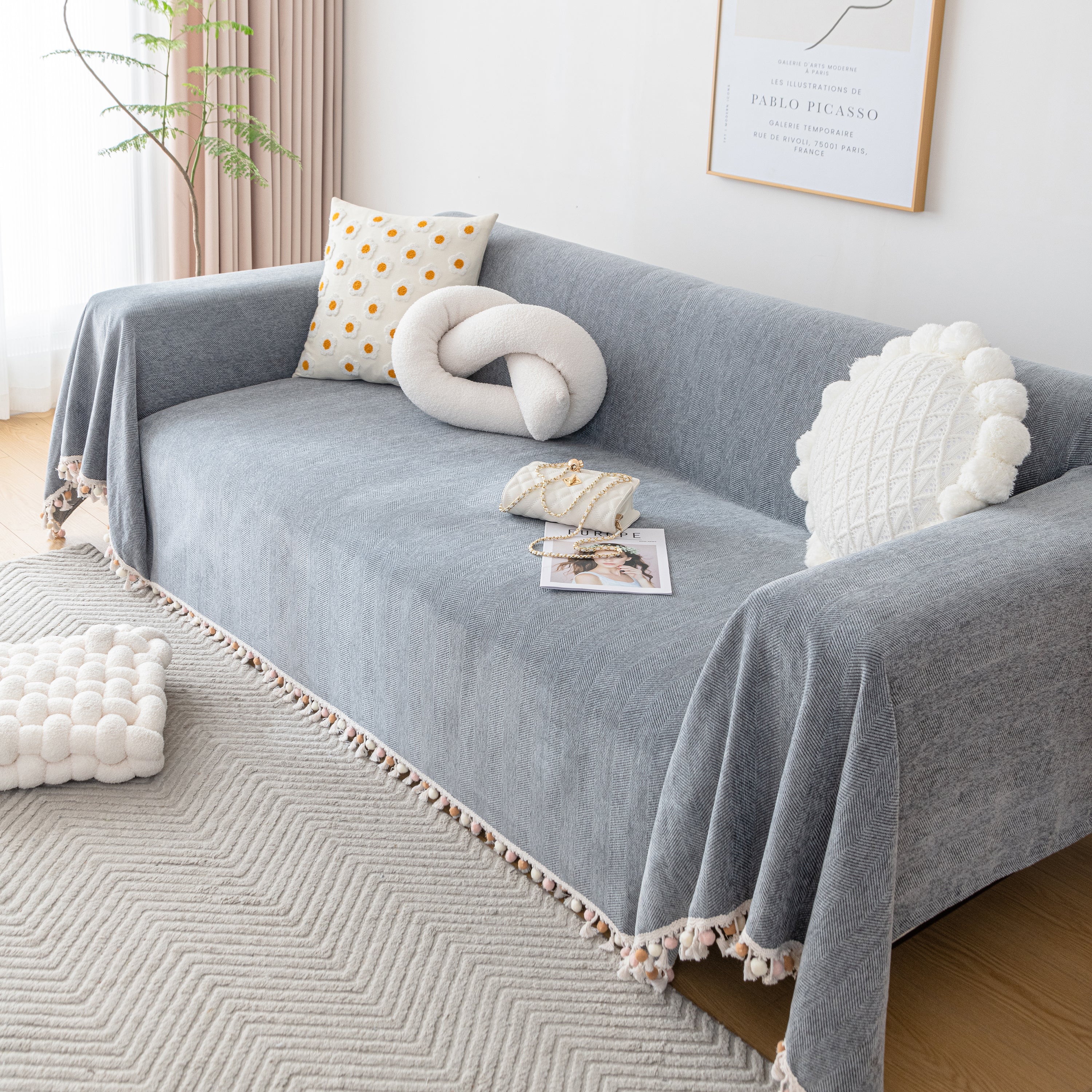 Couch Cover Sectional L Shape Chenille Herringbone Couch Throw Cover With Tassel Pom-poms For Pets