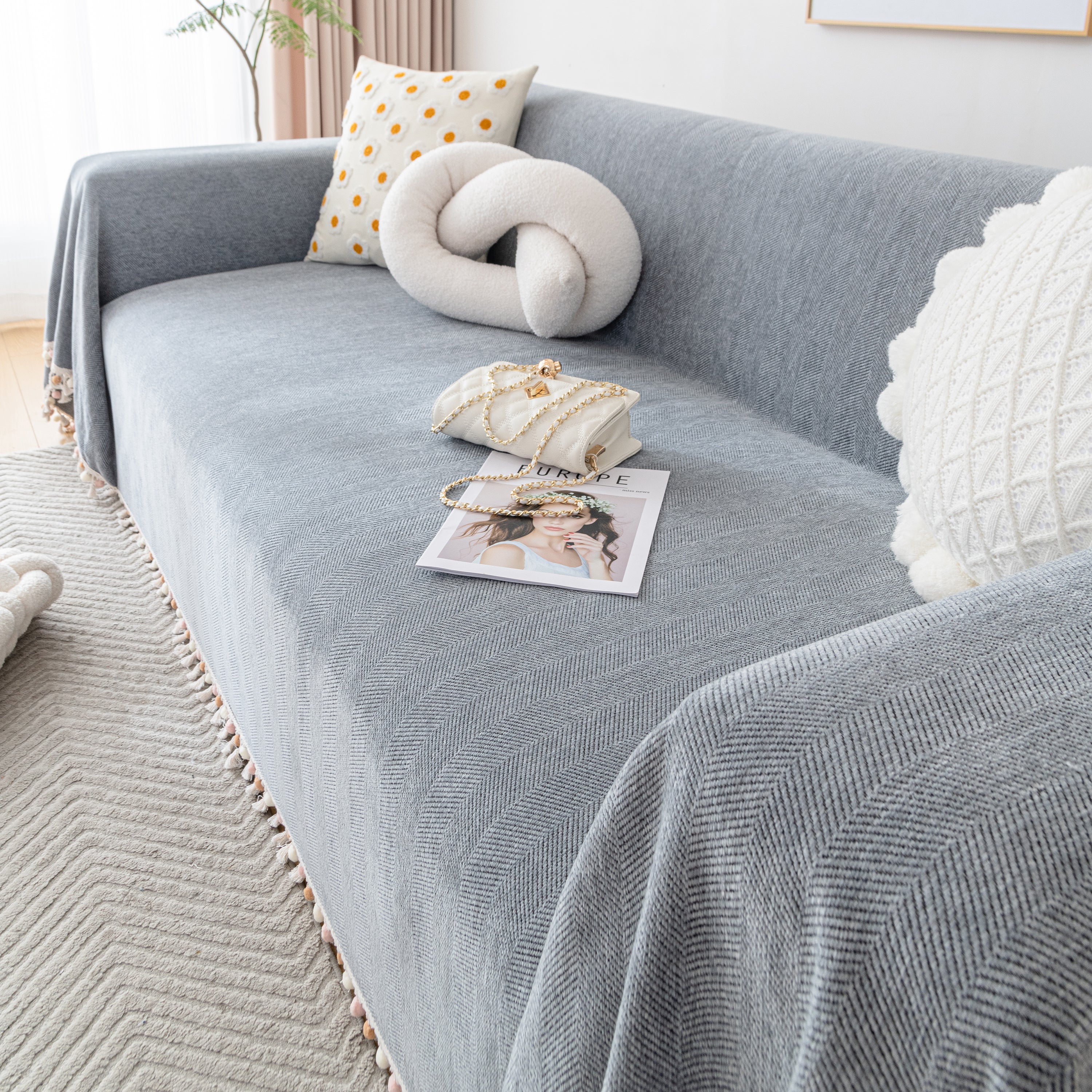 Couch Cover Sectional L Shape Chenille Herringbone Couch Throw Cover With Tassel Pom-poms For Pets