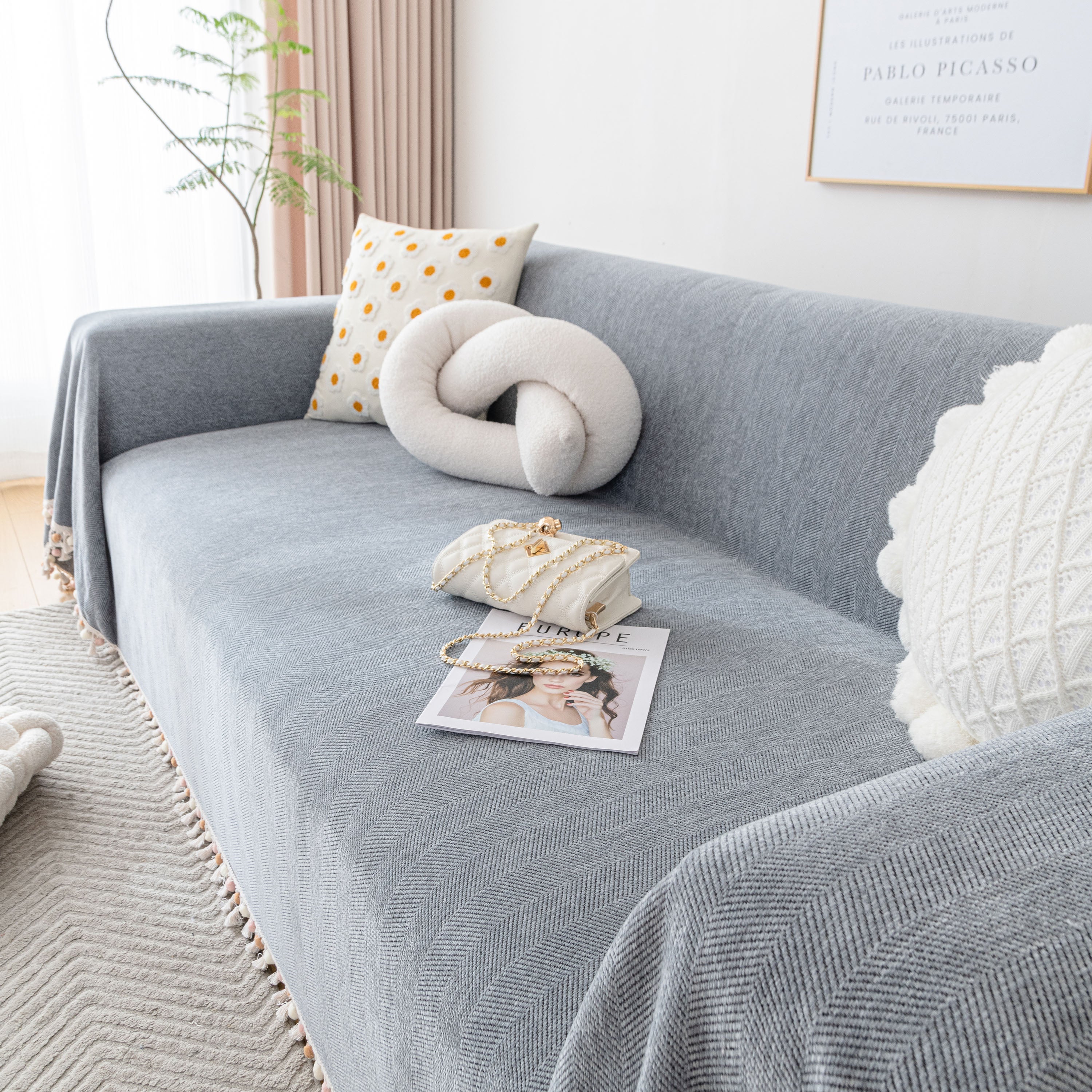 Boho Herringbone Sofa Throw Blanket With Pom Pom Tassels Stylish Furniture Slipcover