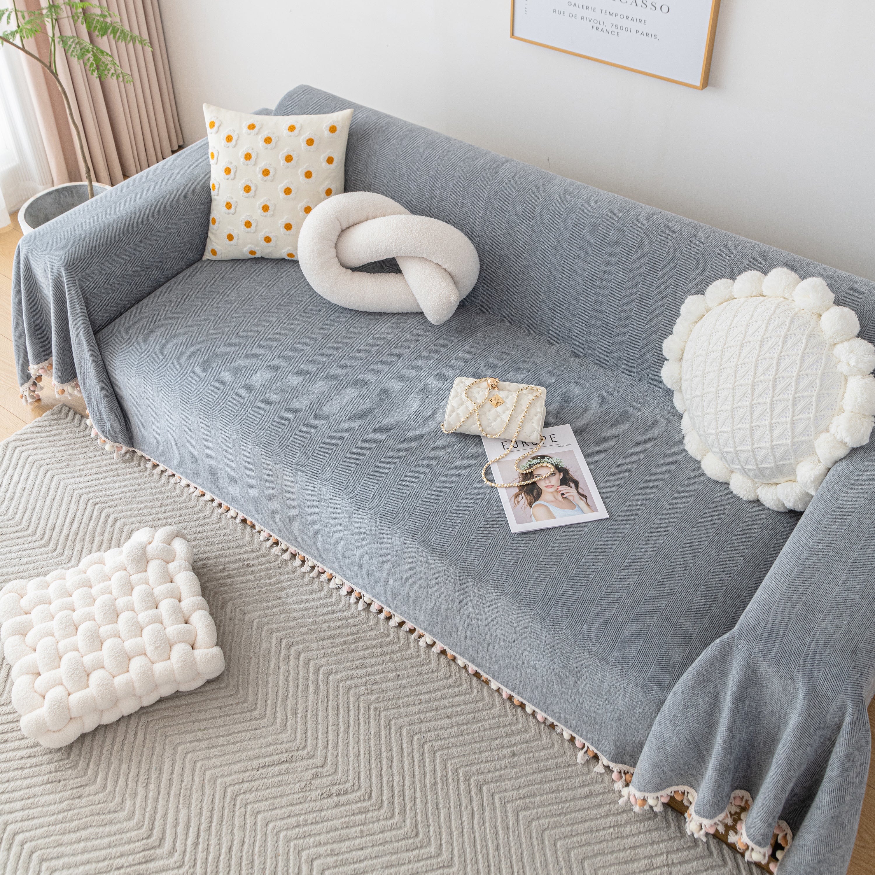 Couch Cover Sectional L Shape Chenille Herringbone Couch Throw Cover With Tassel Pom-poms For Pets