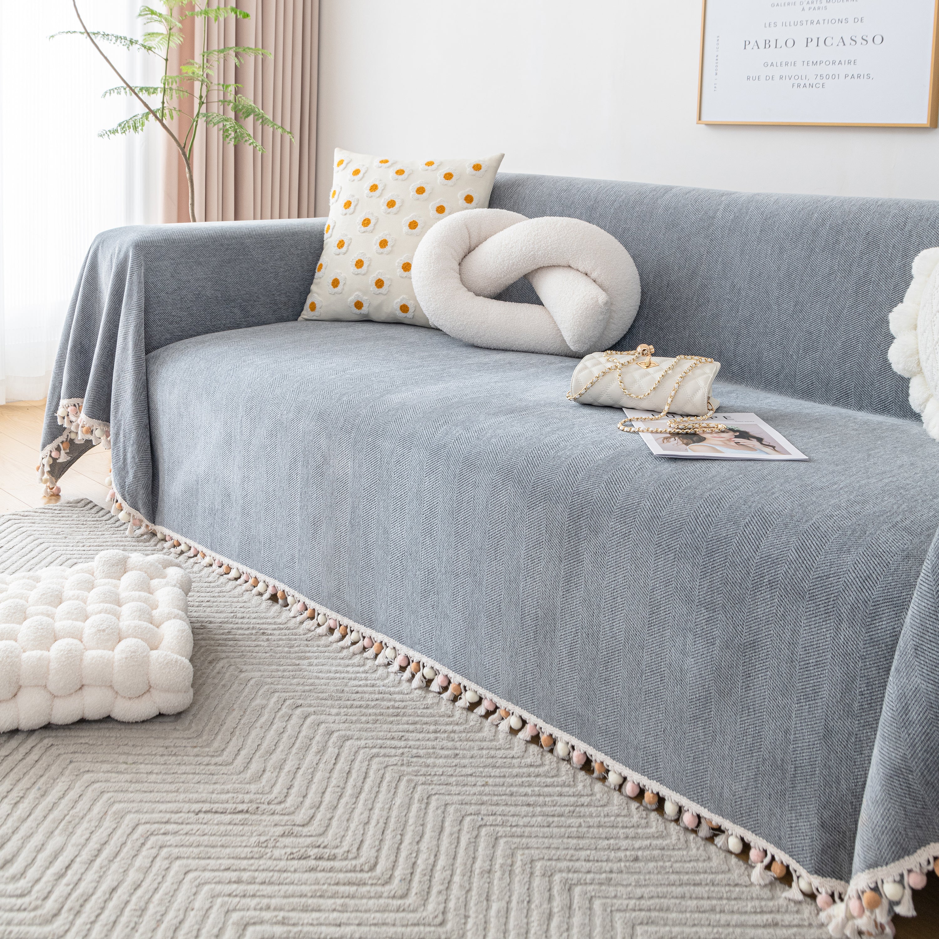 Couch Cover Sectional L Shape Chenille Herringbone Couch Throw Cover With Tassel Pom-poms For Pets