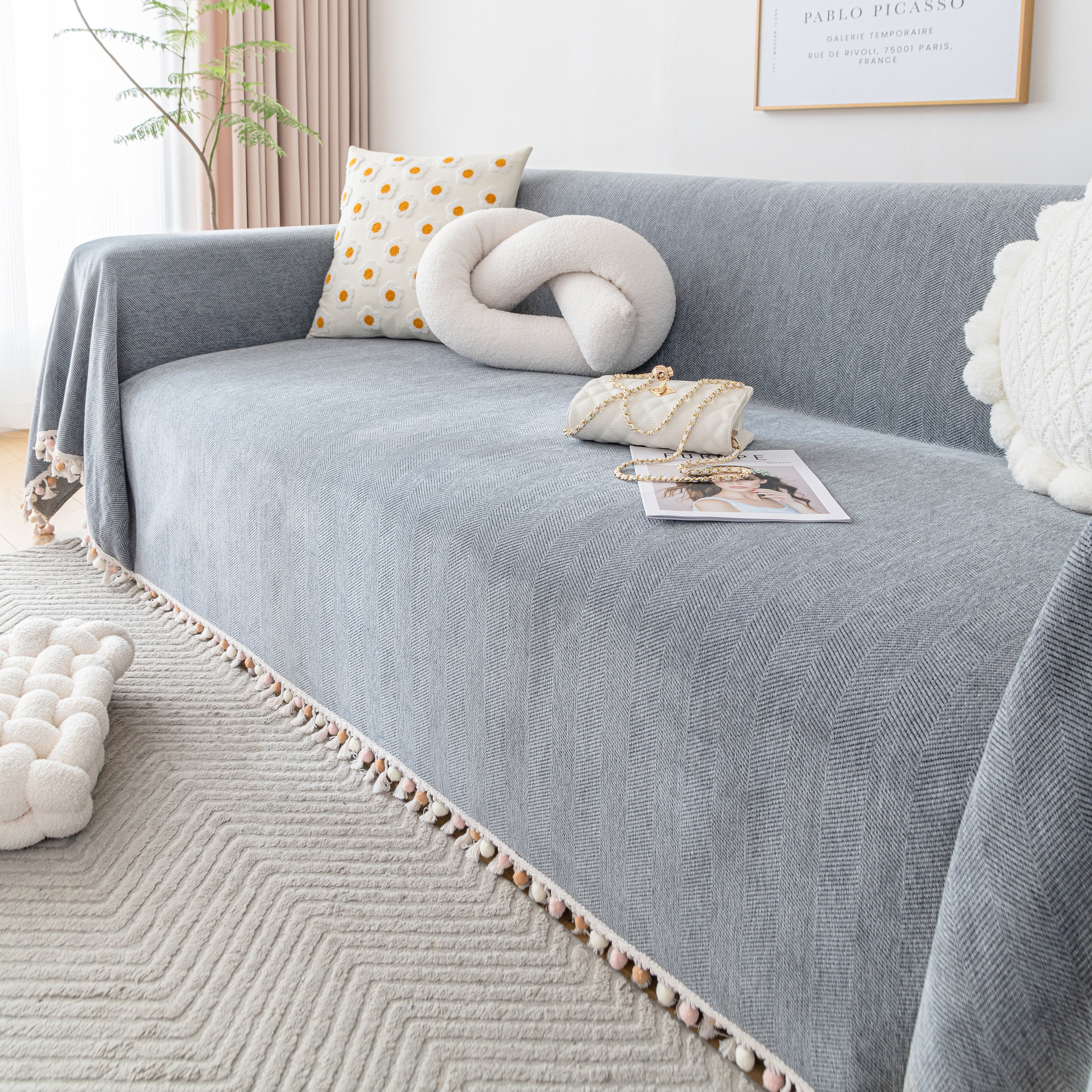 Couch Cover Sectional L Shape Chenille Herringbone Couch Throw Cover With Tassel Pom-poms For Pets