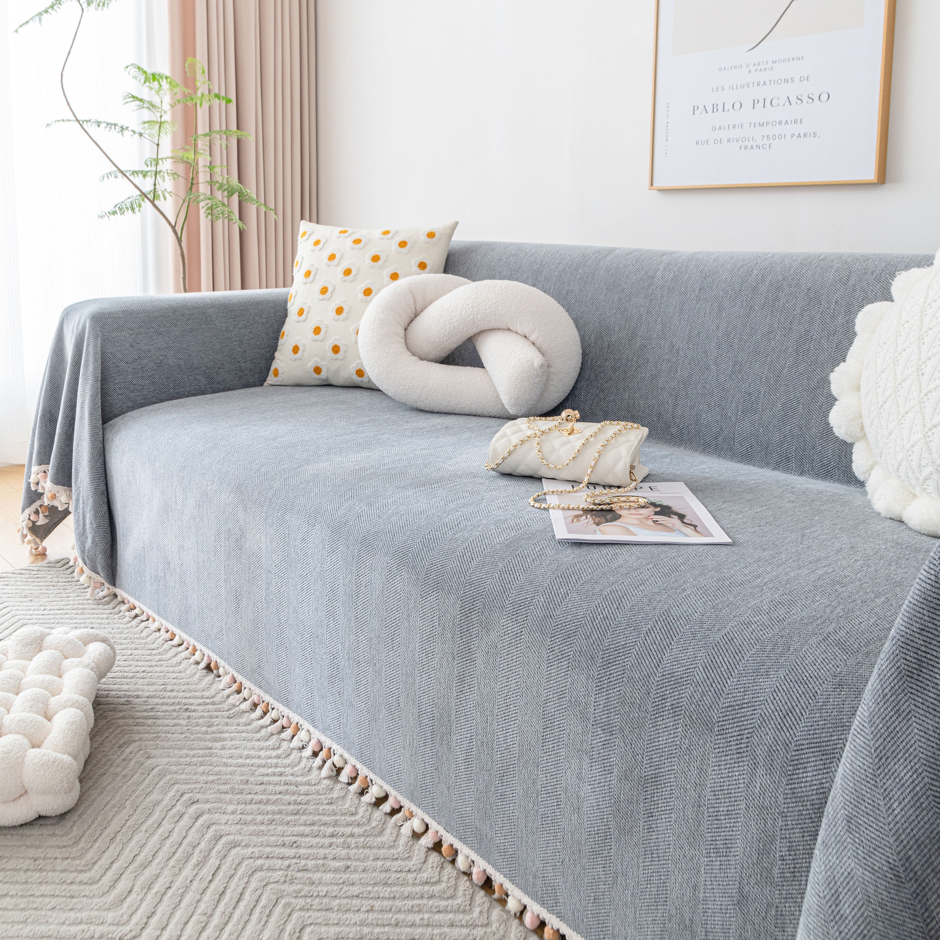 Boho Herringbone Sofa Throw Blanket With Pom Pom Tassels Stylish Furniture Slipcover