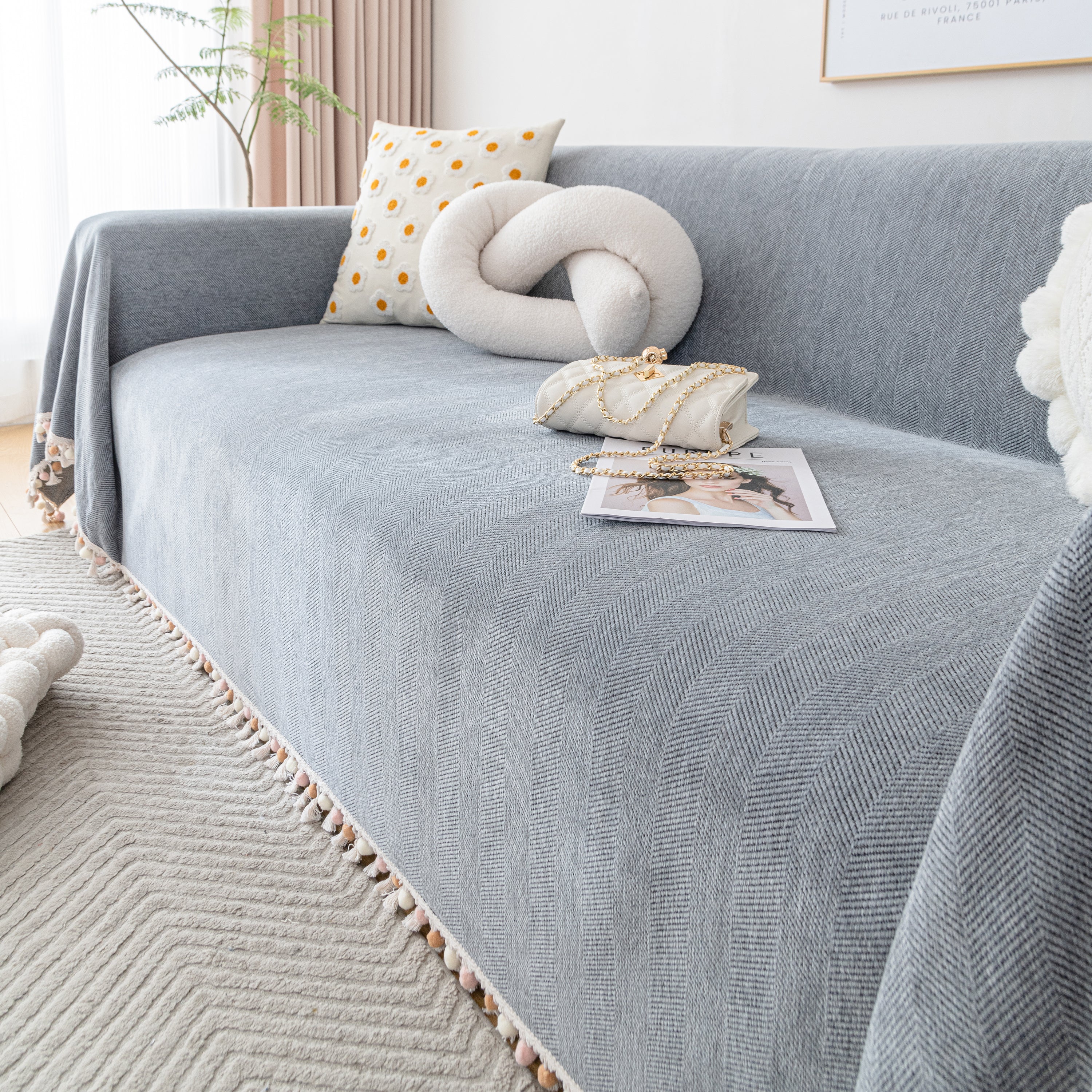Couch Cover Sectional L Shape Chenille Herringbone Couch Throw Cover With Tassel Pom-poms For Pets