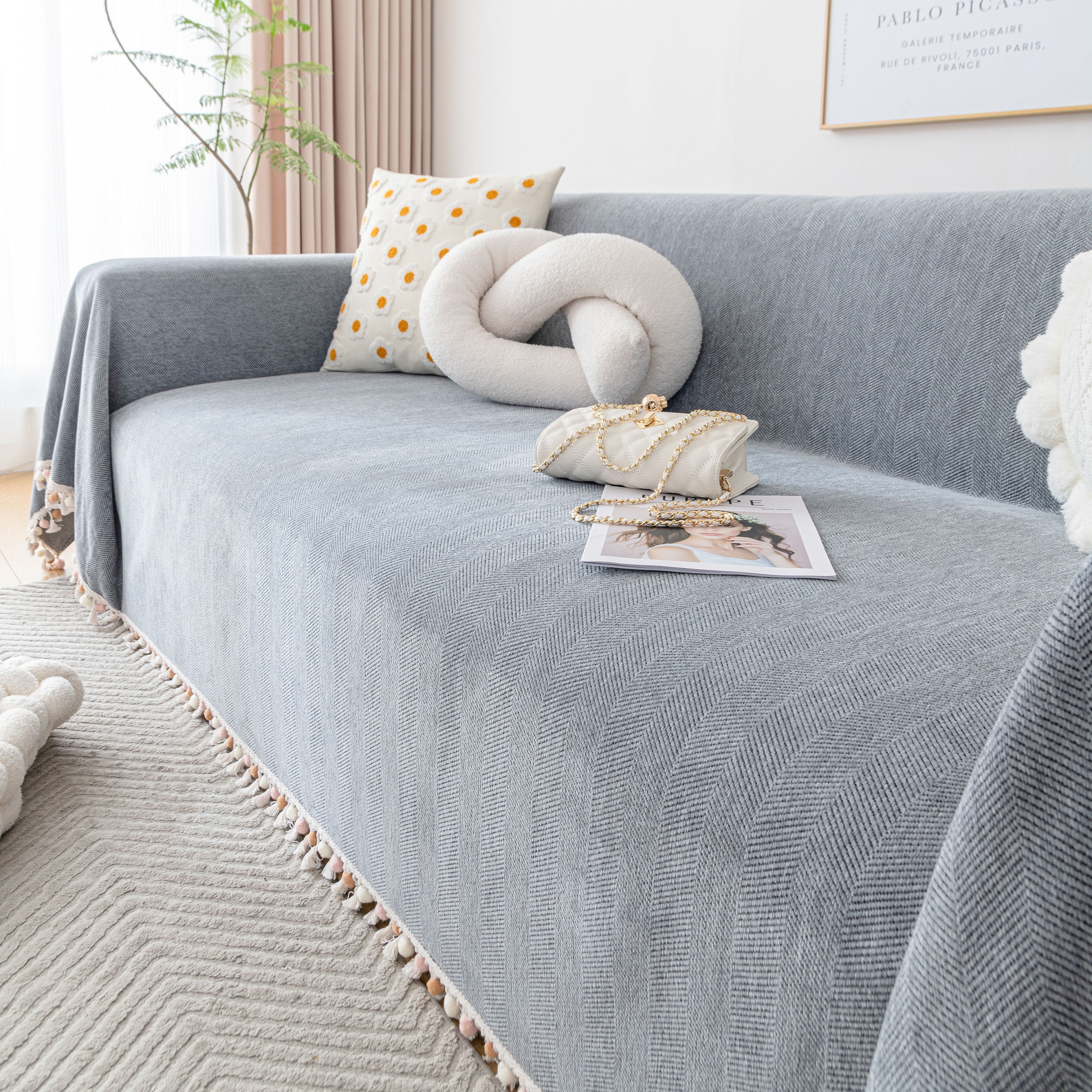 Boho Herringbone Sofa Throw Blanket With Pom Pom Tassels Stylish Furniture Slipcover