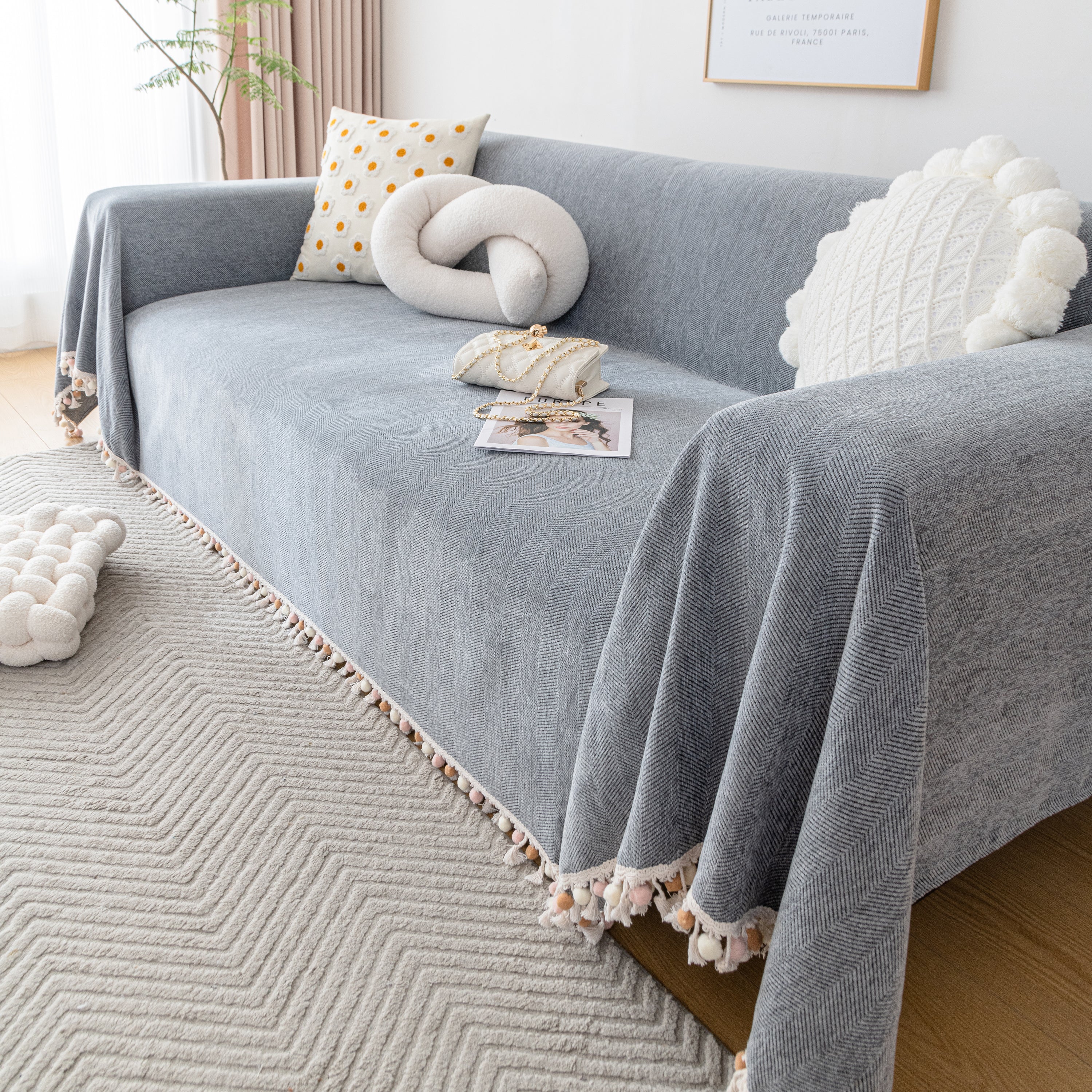 Couch Cover Sectional L Shape Chenille Herringbone Couch Throw Cover With Tassel Pom-poms For Pets