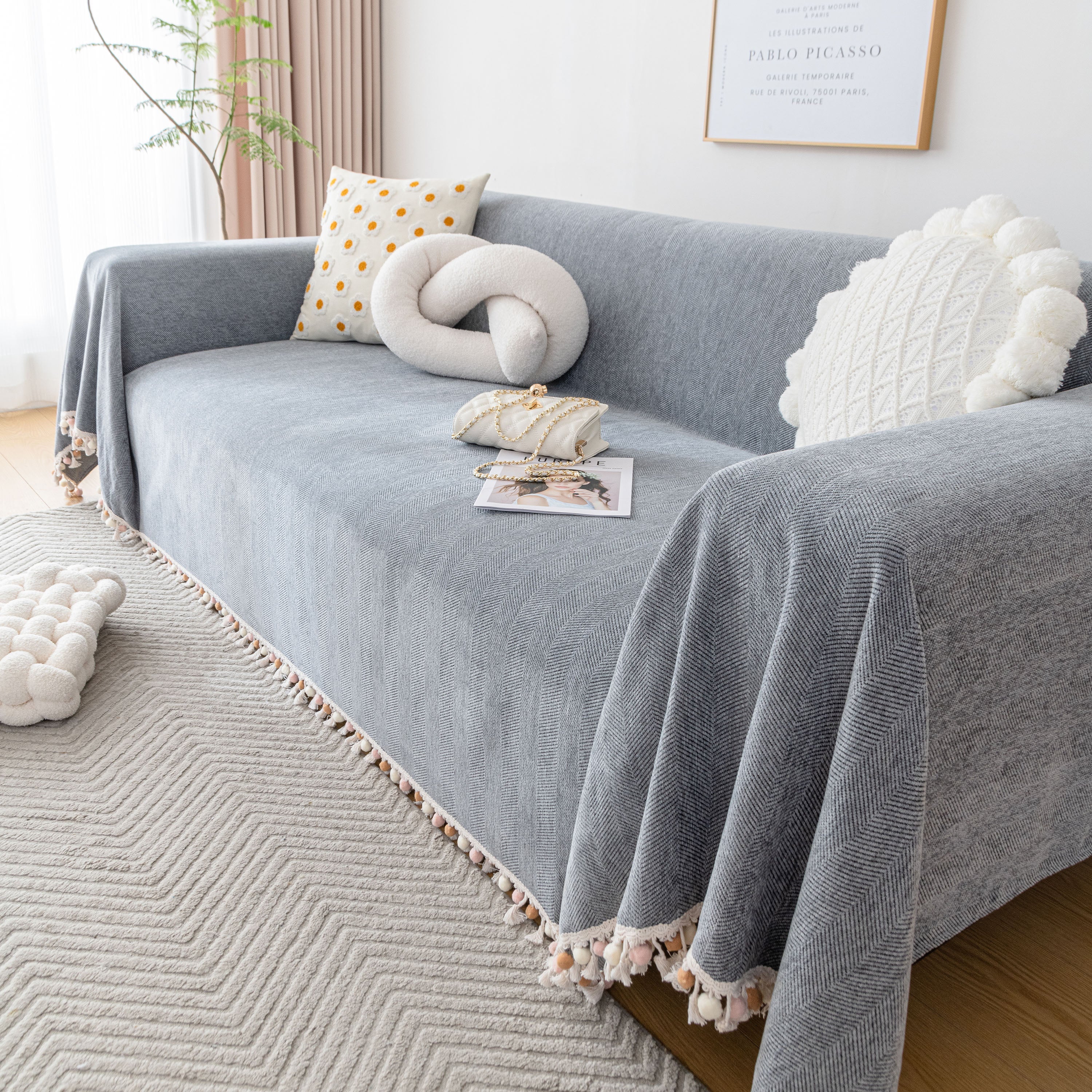 Boho Herringbone Sofa Throw Blanket With Pom Pom Tassels Stylish Furniture Slipcover