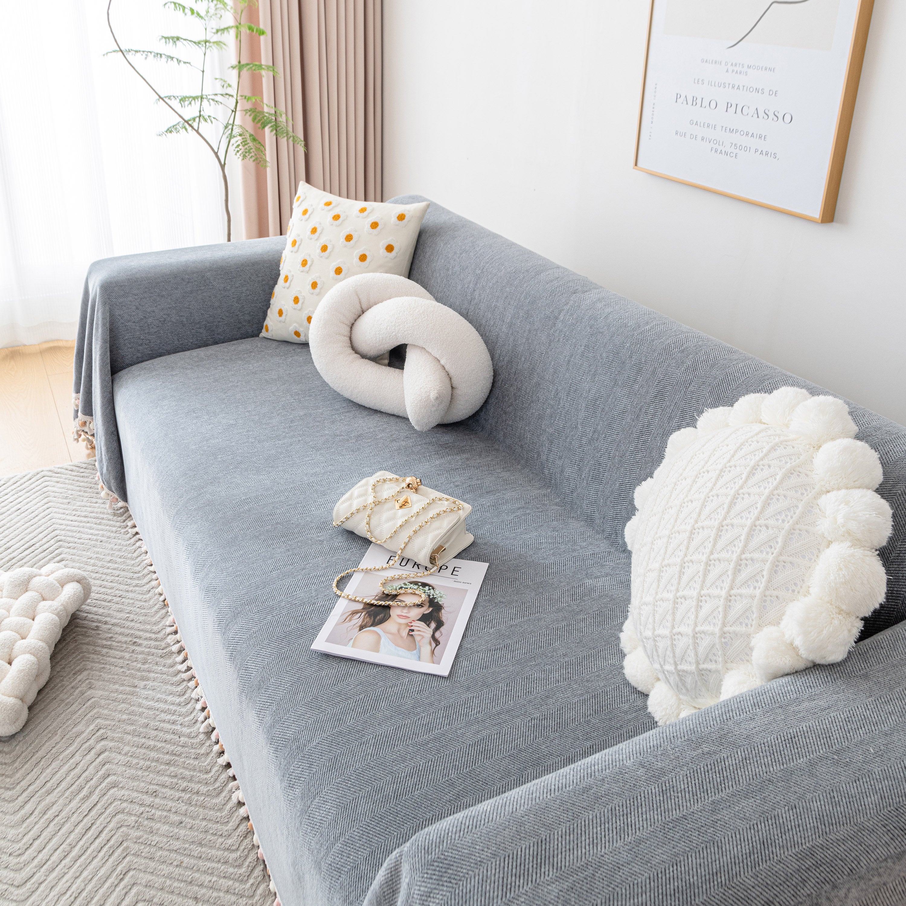 Boho Herringbone Sofa Throw Blanket With Pom Pom Tassels Stylish Furniture Slipcover