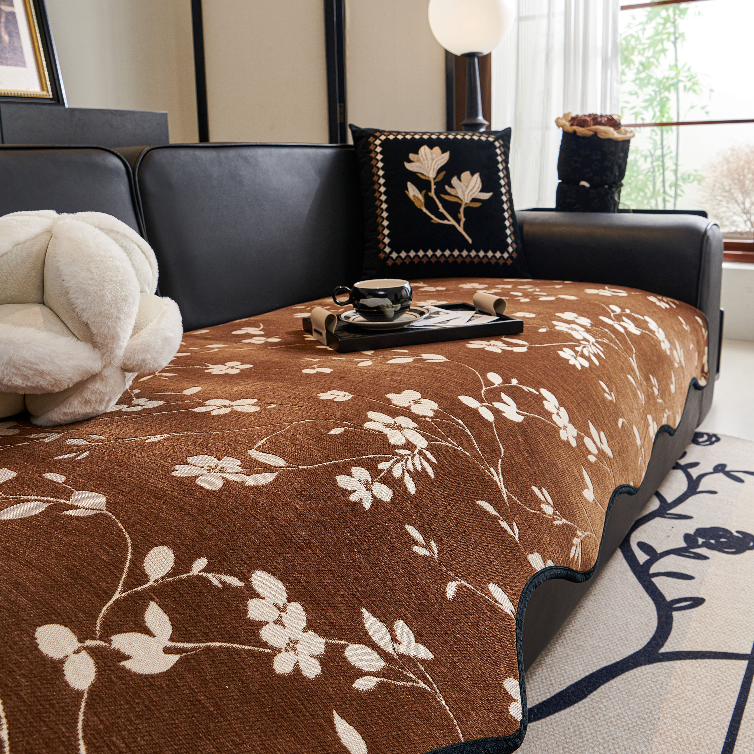 Floral Chenille Couch Cover, Non-slip Sofa Slipcover Protector For Furniture