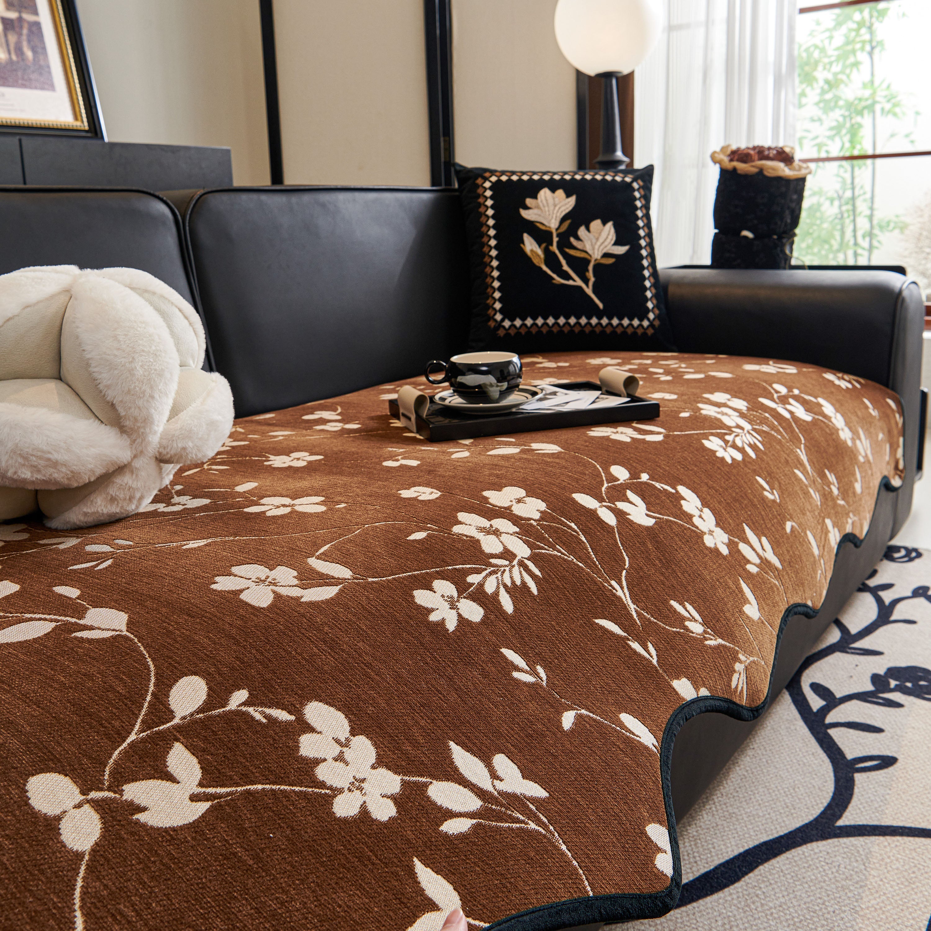 Floral Chenille Couch Cover, Non-slip Sofa Slipcover Protector For Furniture