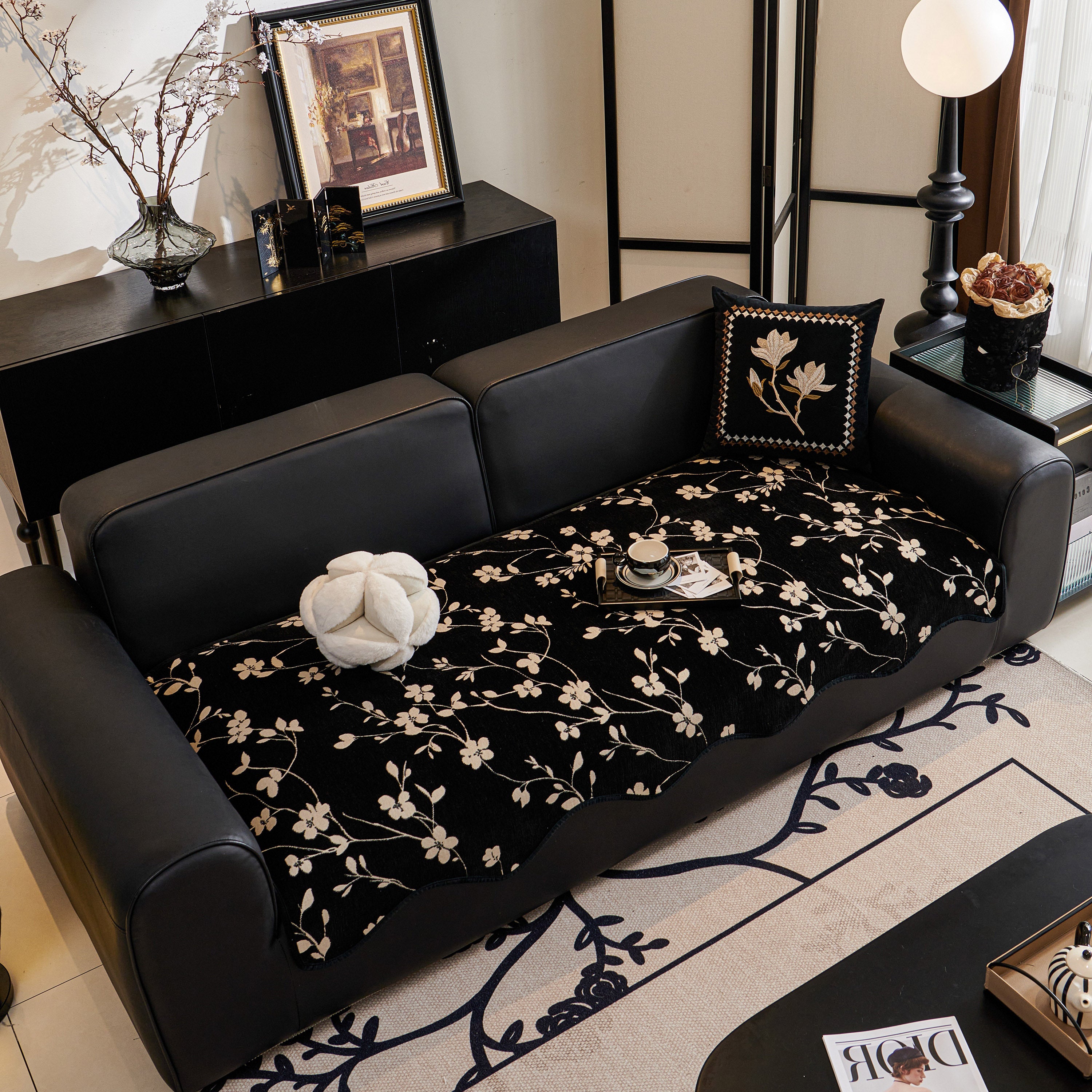 Floral Chenille Couch Cover, Non-slip Sofa Slipcover Protector For Furniture