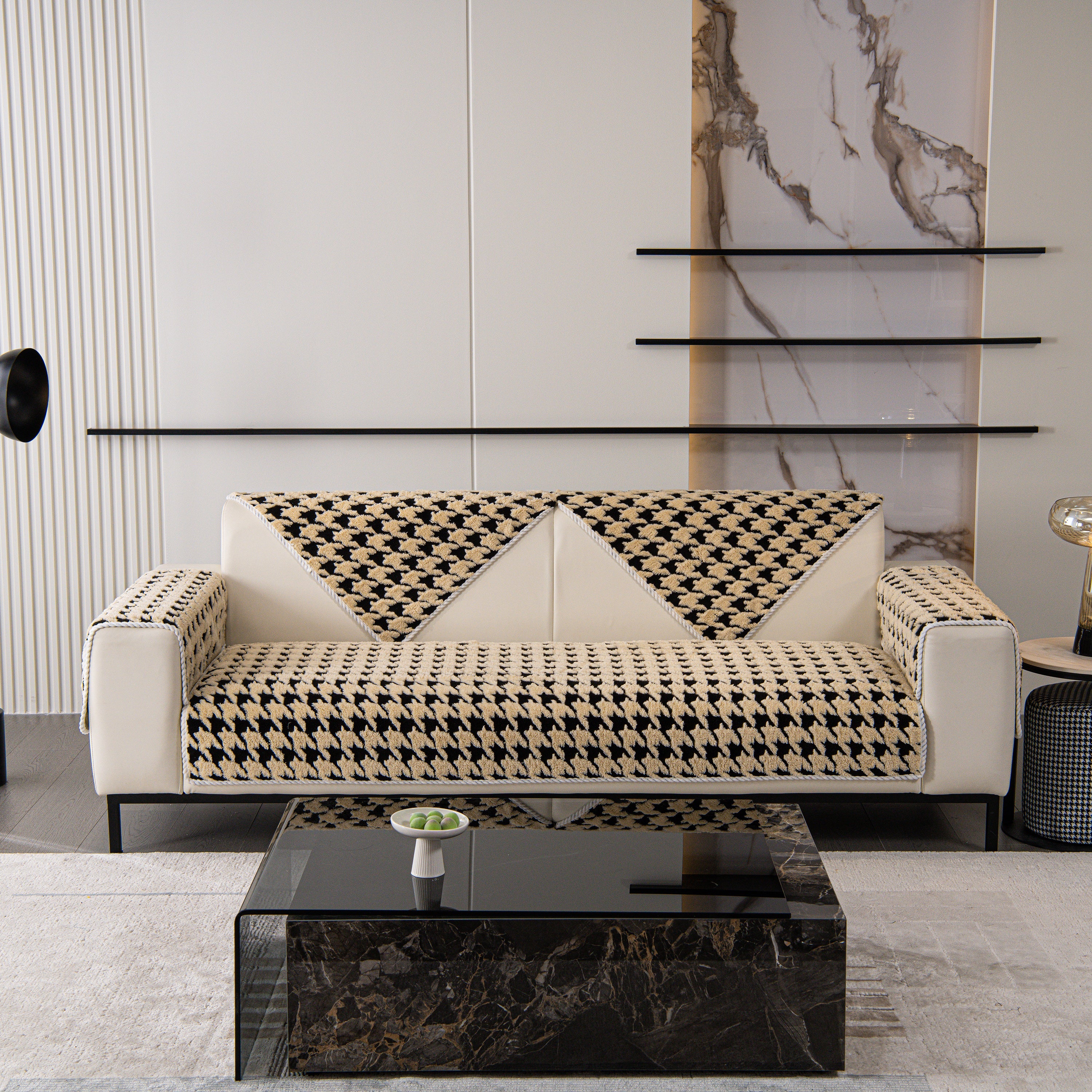 Winter Thickened Sherpa Fleece Houndstooth Sofa Cushion, Non-slip Sofa Cover With Plush