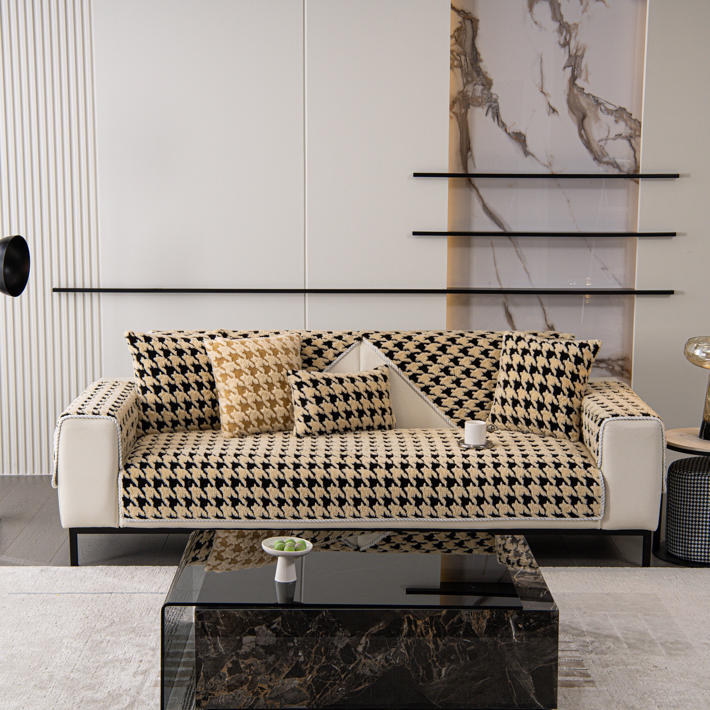 Winter Thickened Sherpa Fleece Houndstooth Sofa Cushion, Non-slip Sofa Cover With Plush