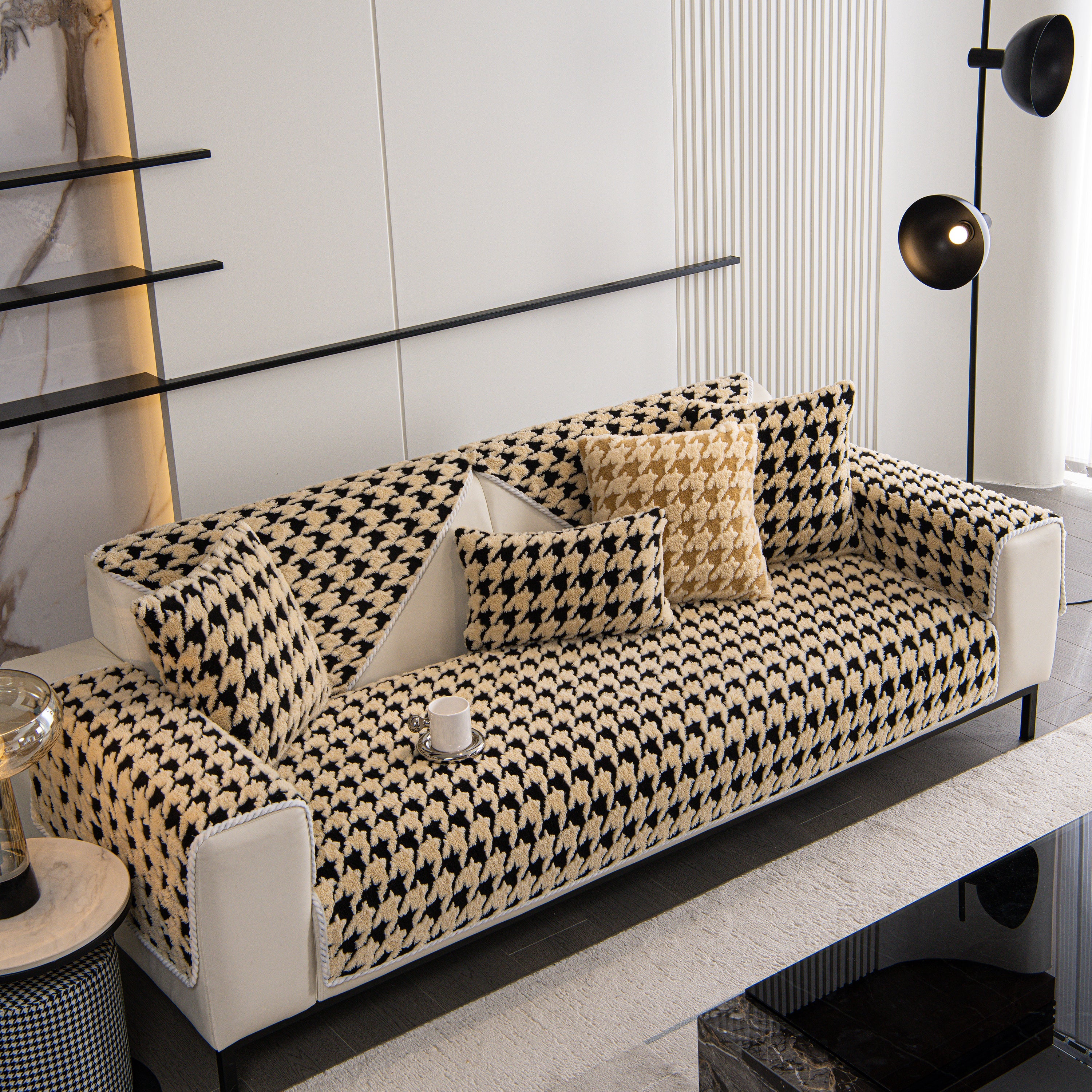 Winter Thickened Sherpa Fleece Houndstooth Sofa Cushion, Non-slip Sofa Cover With Plush
