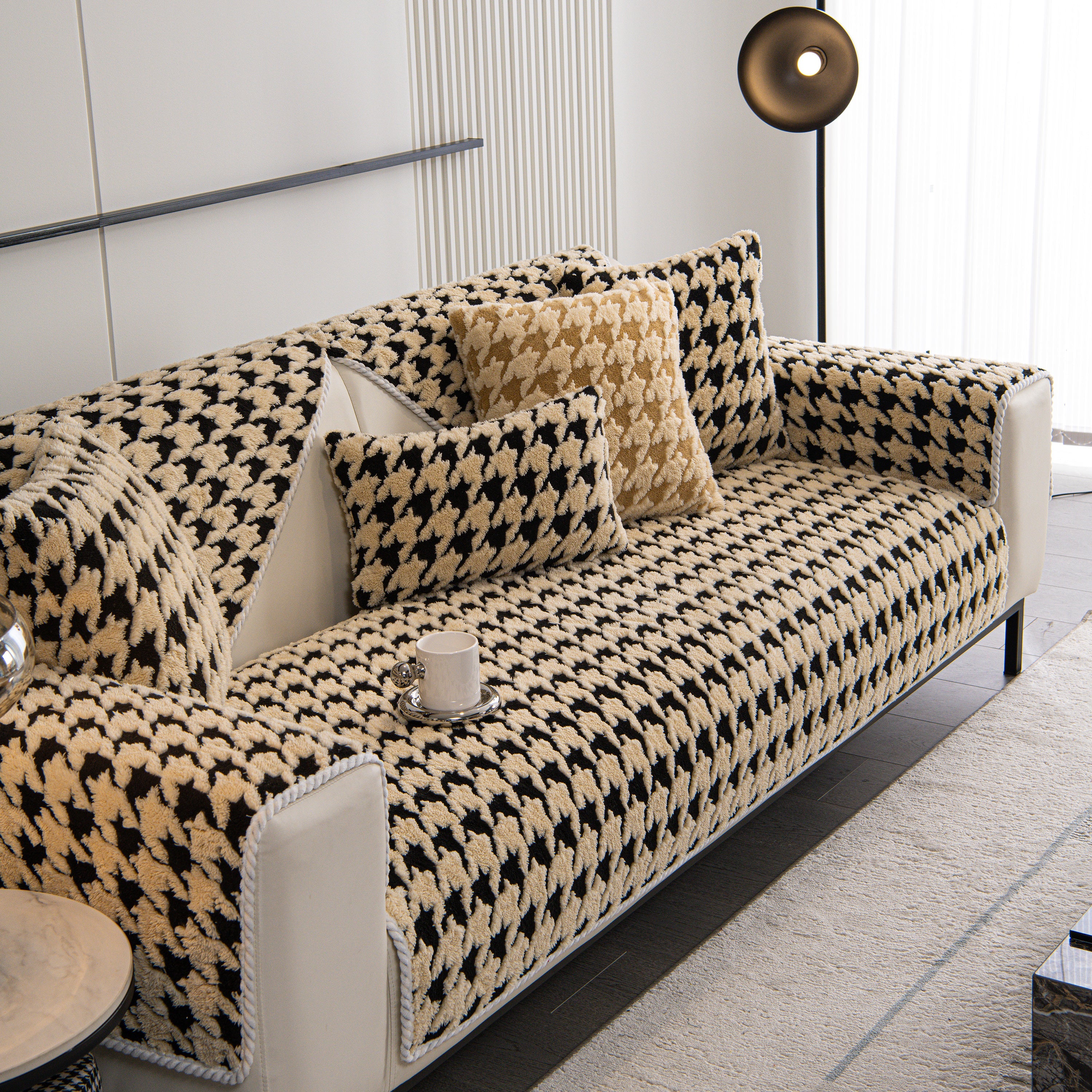 Winter Thickened Sherpa Fleece Houndstooth Sofa Cushion, Non-slip Sofa Cover With Plush