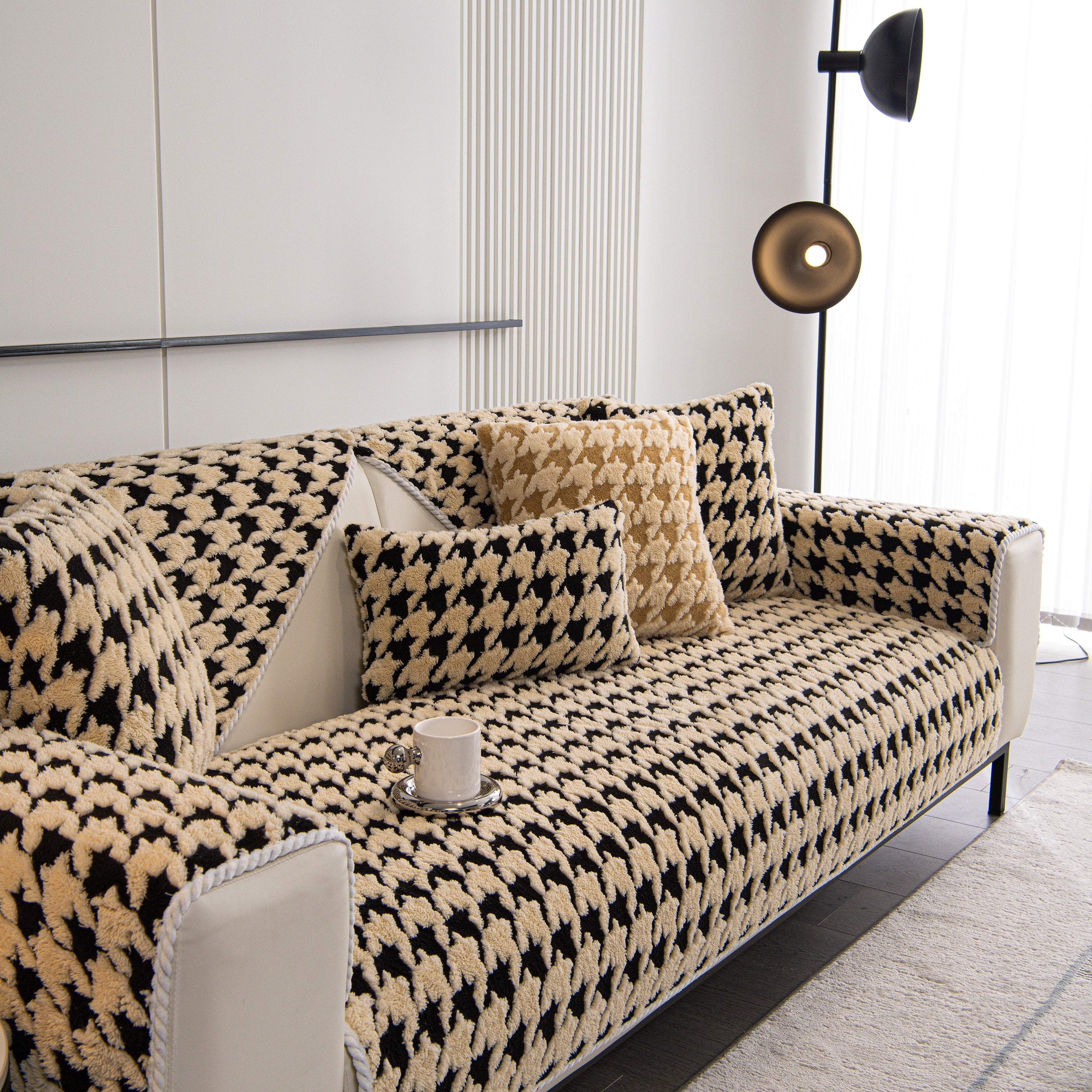 Winter Thickened Sherpa Fleece Houndstooth Sofa Cushion, Non-slip Sofa Cover With Plush