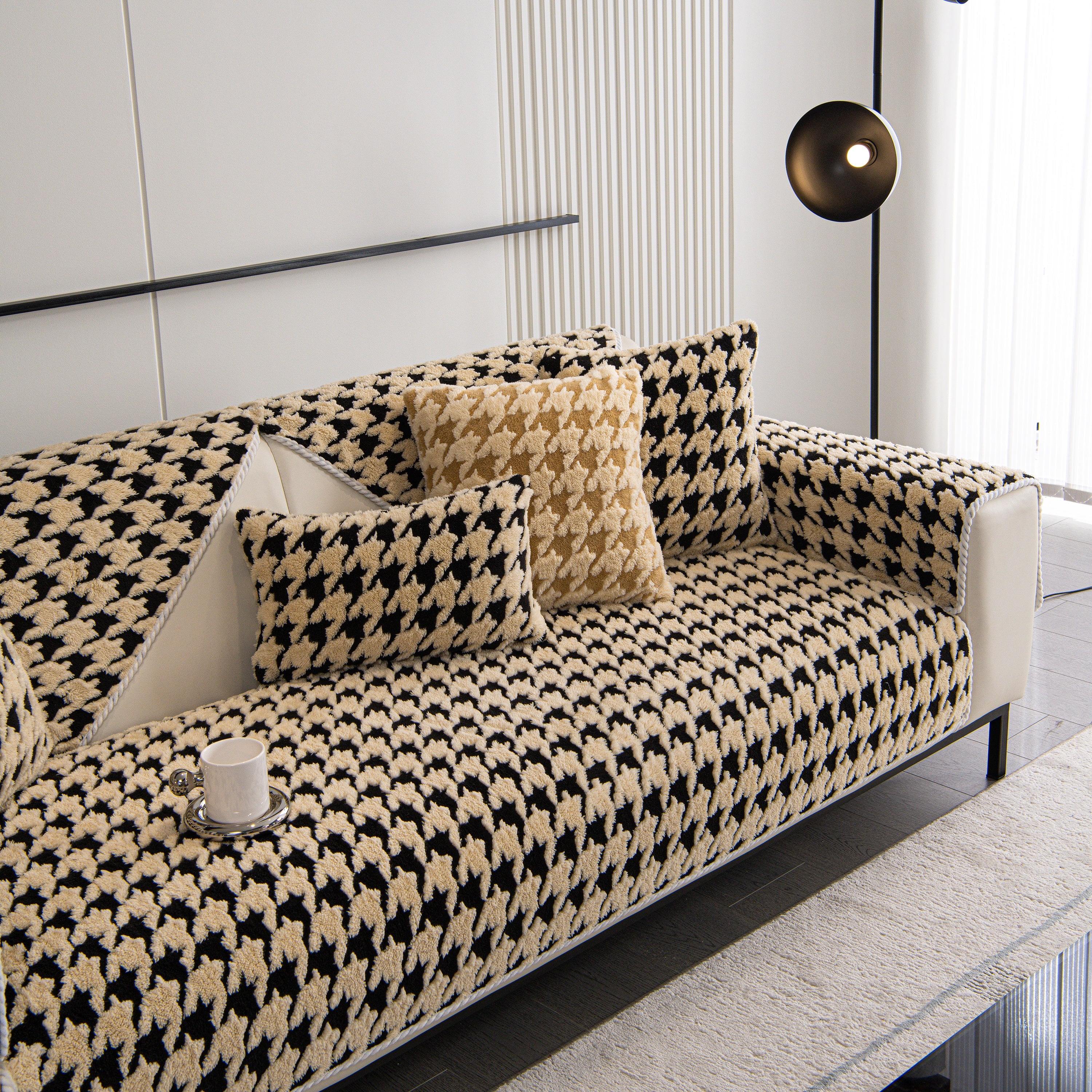 Winter Thickened Sherpa Fleece Houndstooth Sofa Cushion, Non-slip Sofa Cover With Plush