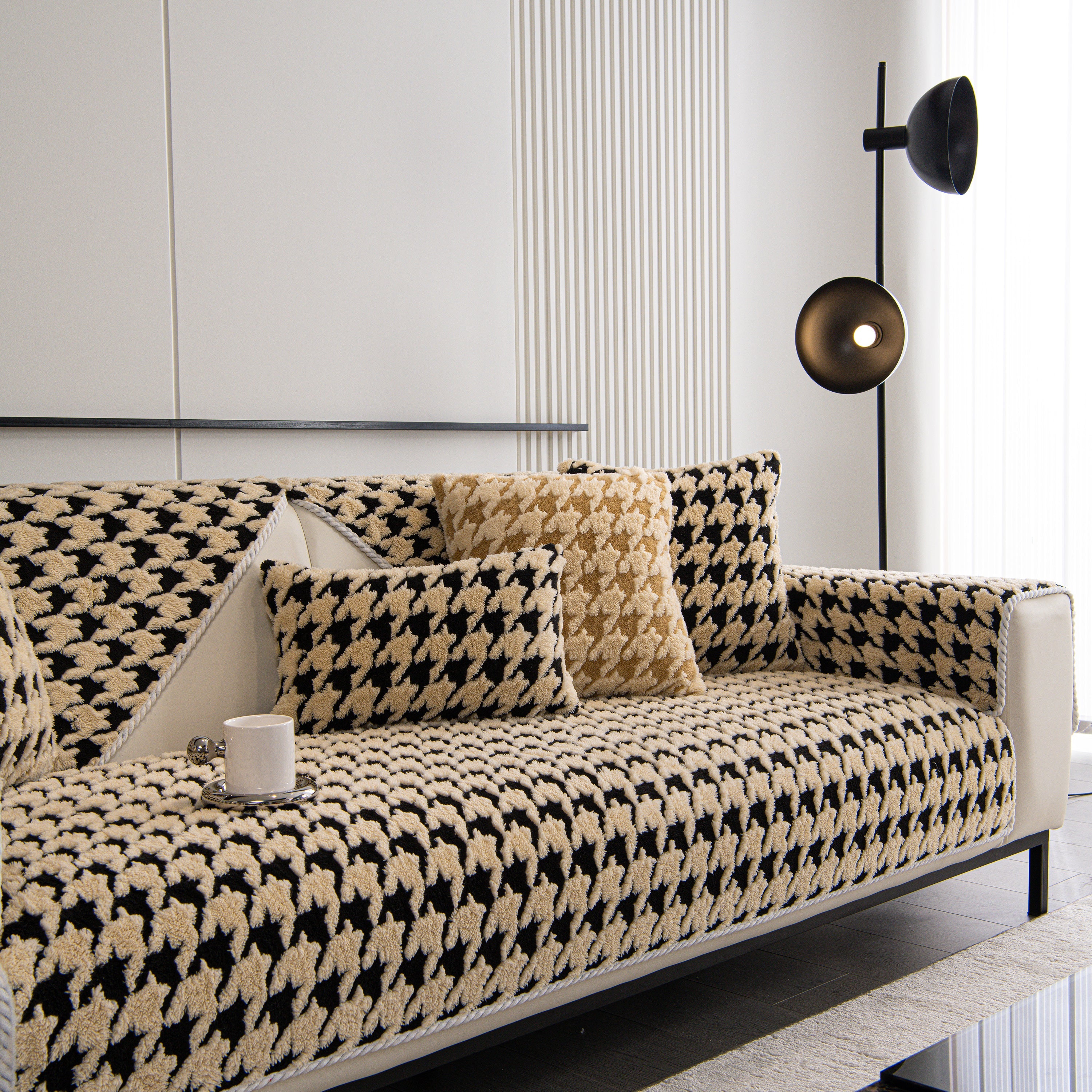 Winter Thickened Sherpa Fleece Houndstooth Sofa Cushion, Non-slip Sofa Cover With Plush