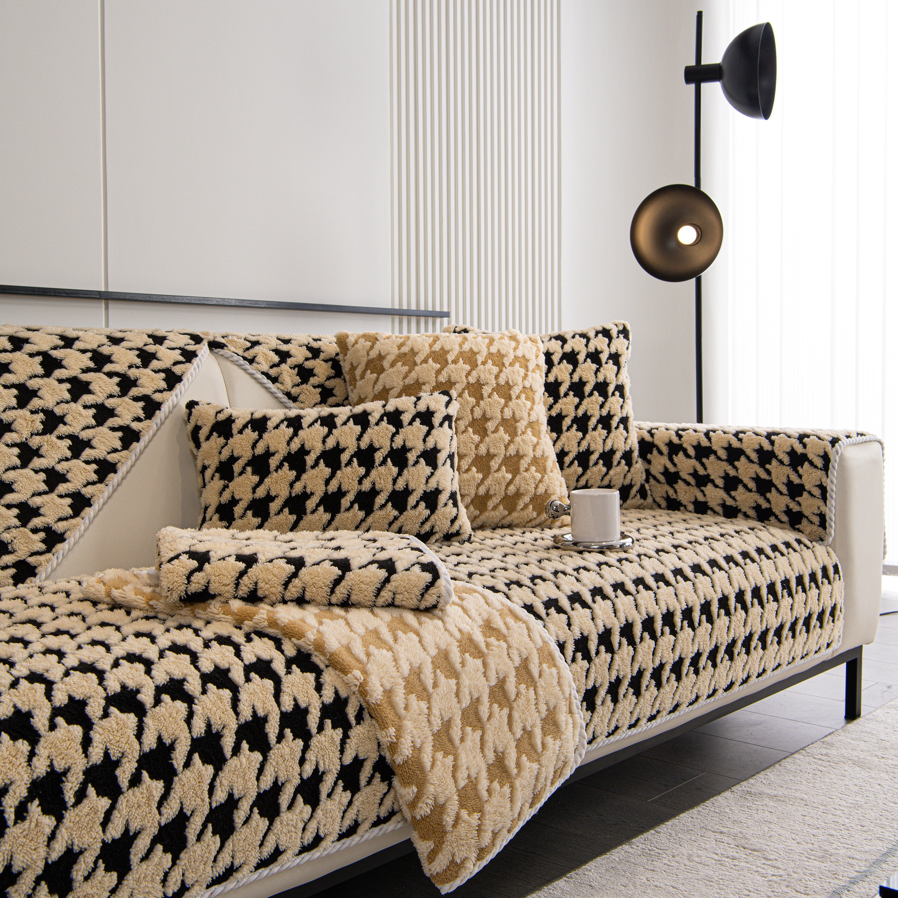 Winter Thickened Sherpa Fleece Houndstooth Sofa Cushion, Non-slip Sofa Cover With Plush