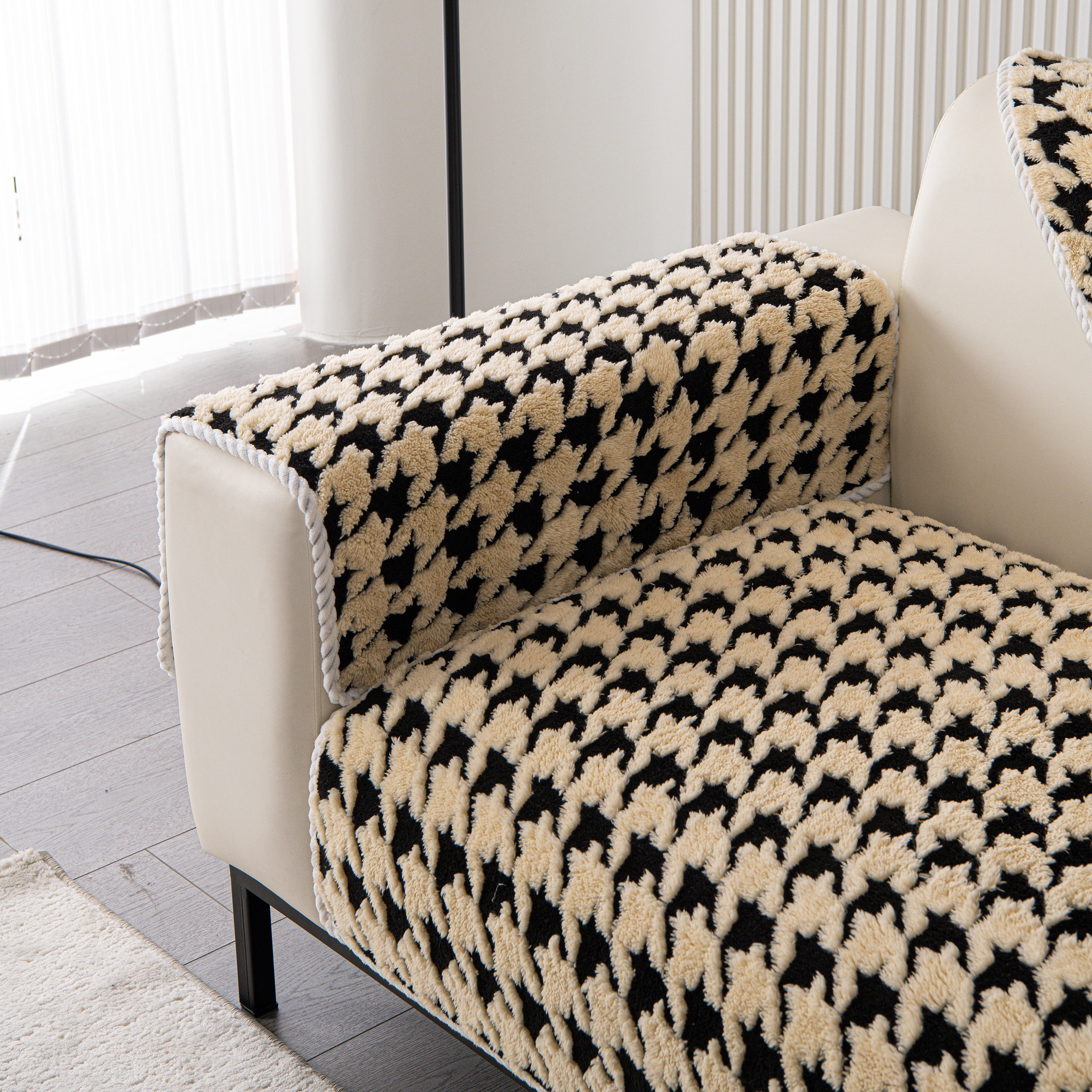 Winter Thickened Sherpa Fleece Houndstooth Sofa Cushion, Non-slip Sofa Cover With Plush