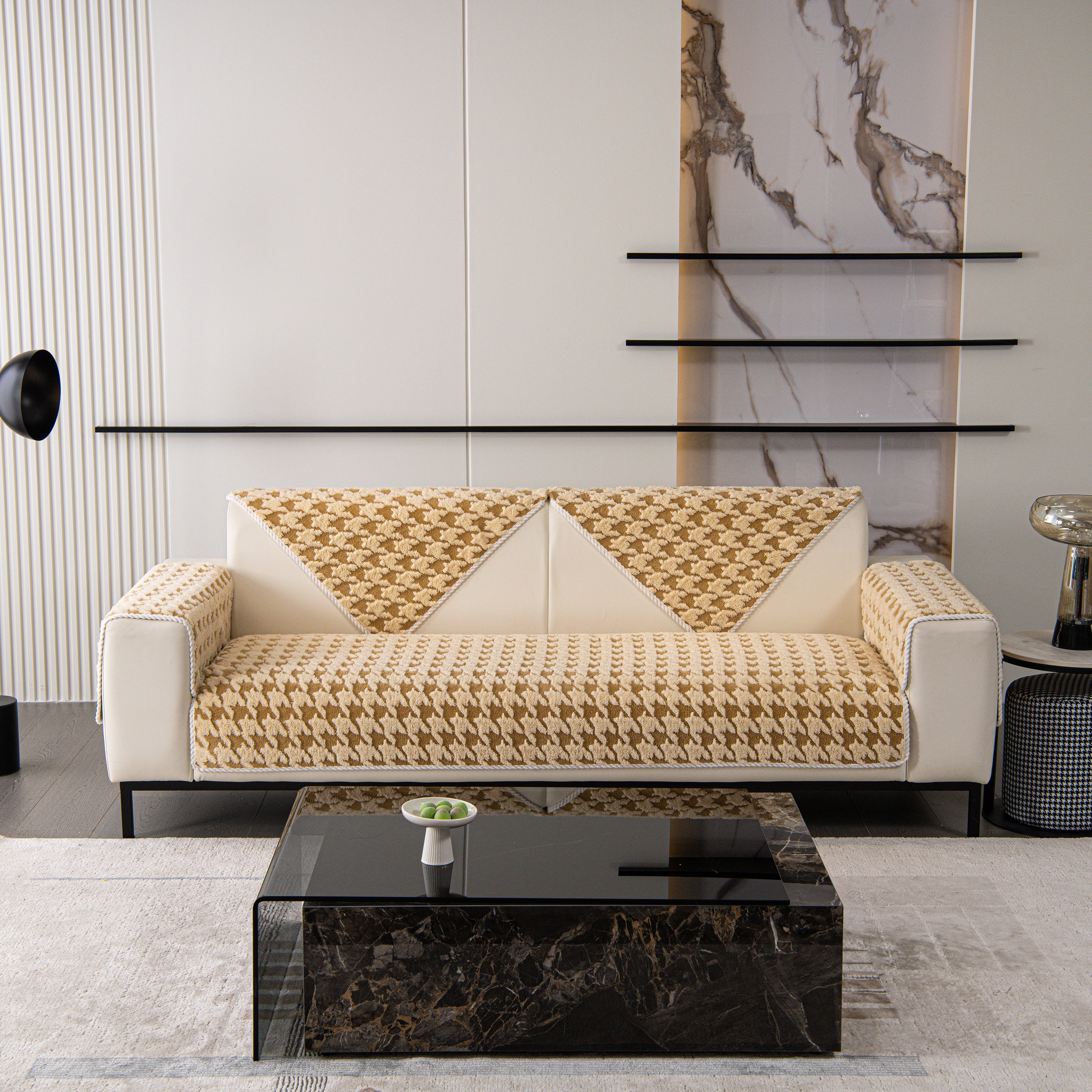 Winter Thickened Sherpa Fleece Houndstooth Sofa Cushion, Non-slip Sofa Cover With Plush