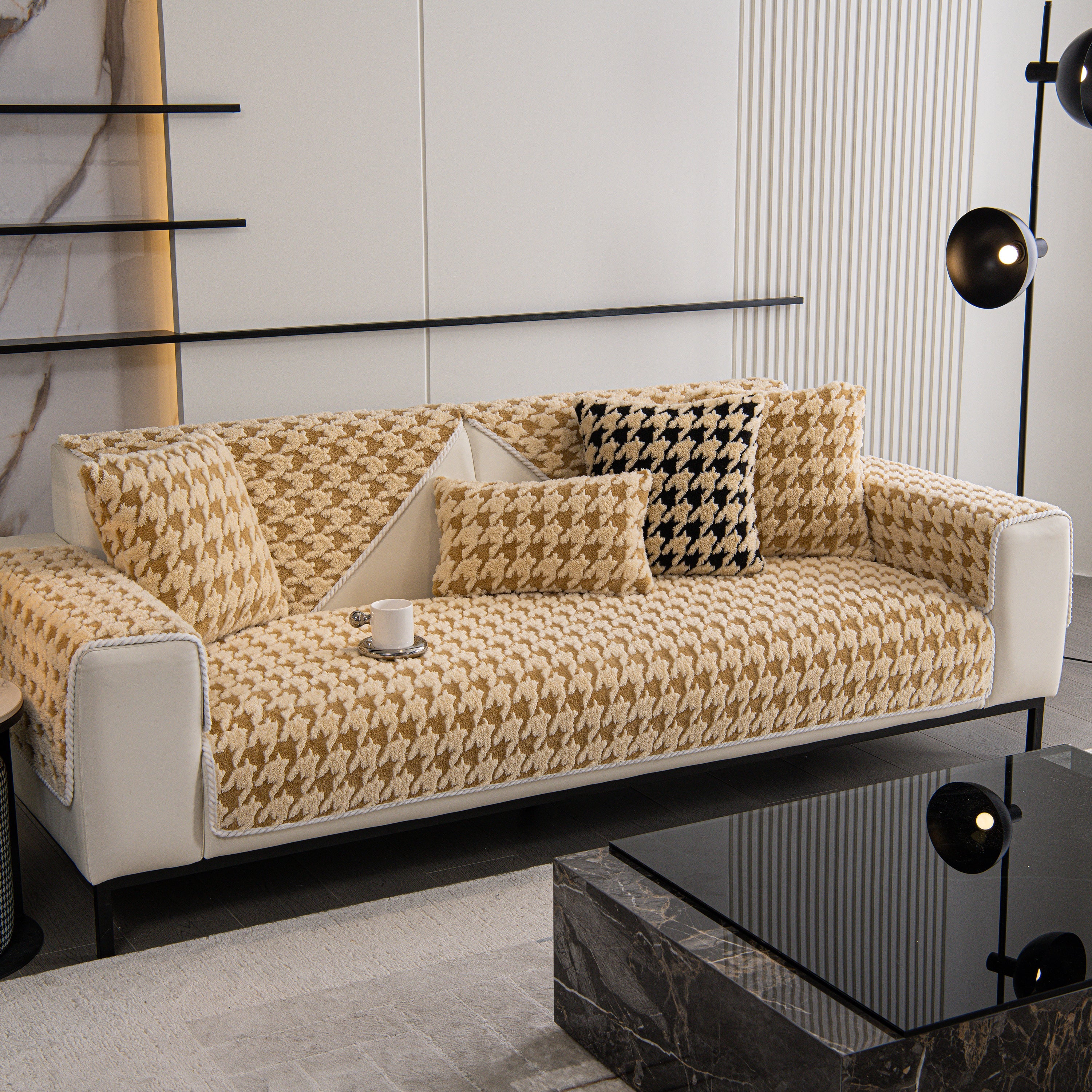 Winter Thickened Sherpa Fleece Houndstooth Sofa Cushion, Non-slip Sofa Cover With Plush