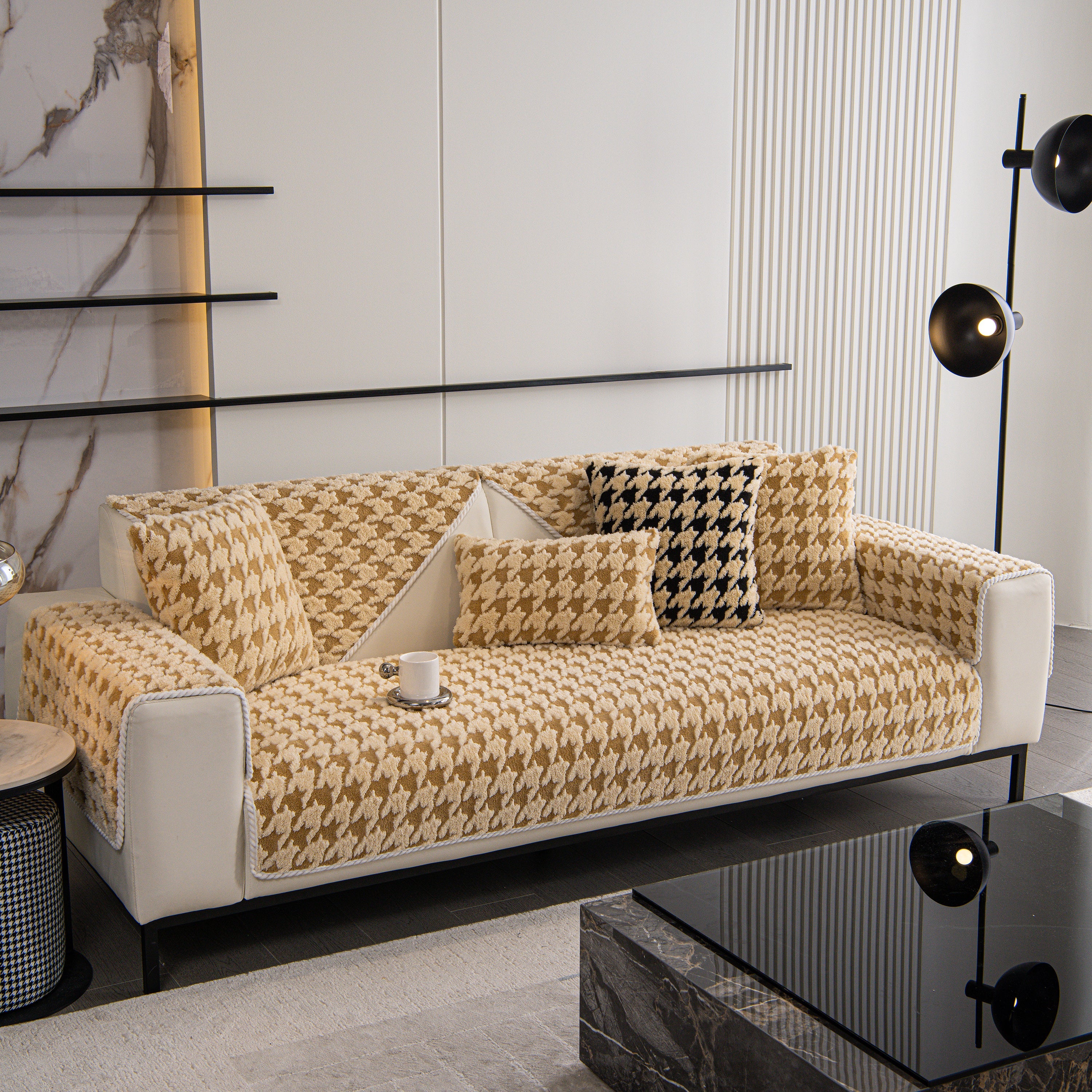 Winter Thickened Sherpa Fleece Houndstooth Sofa Cushion, Non-slip Sofa Cover With Plush