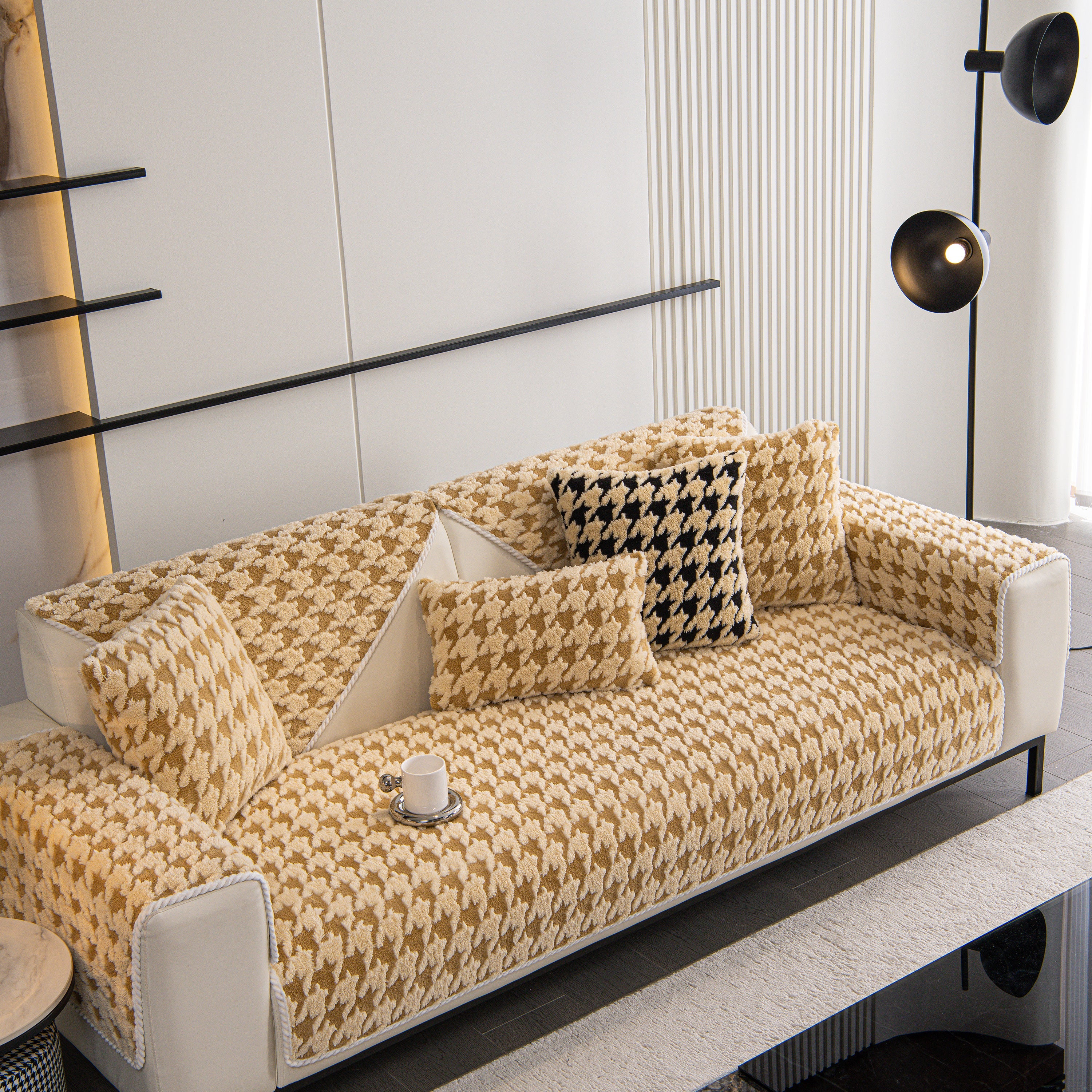 Winter Thickened Sherpa Fleece Houndstooth Sofa Cushion, Non-slip Sofa Cover With Plush