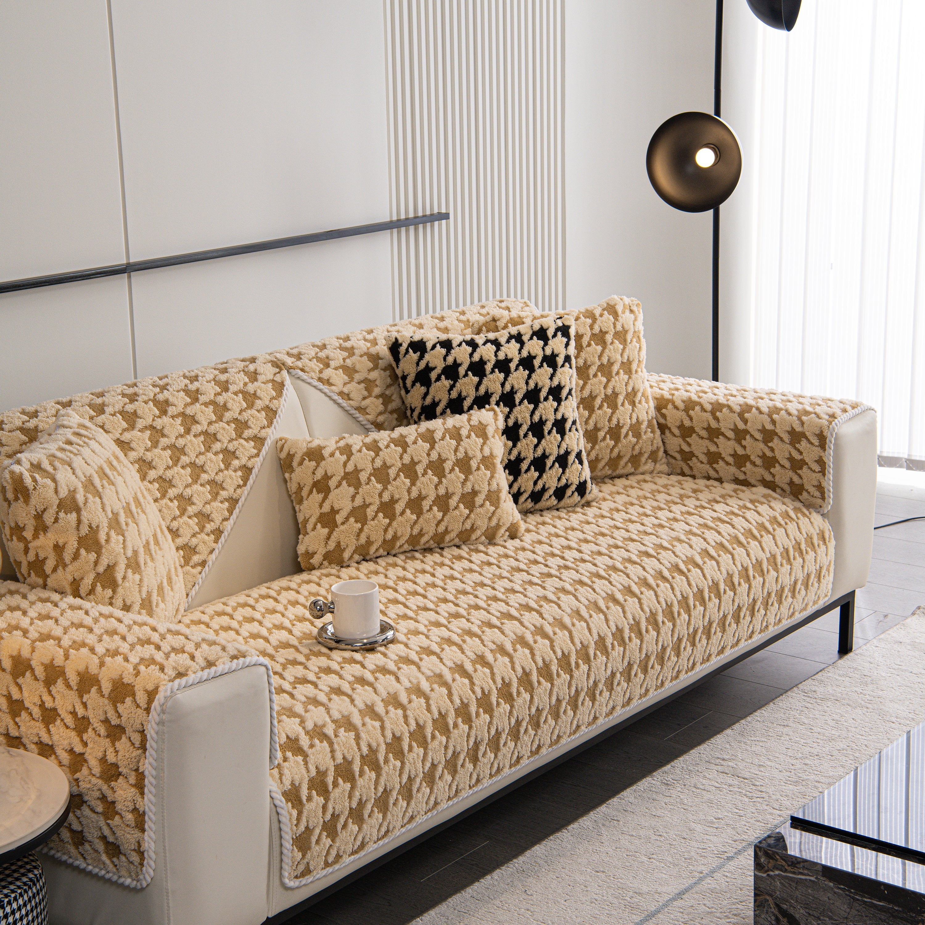 Winter Thickened Sherpa Fleece Houndstooth Sofa Cushion, Non-slip Sofa Cover With Plush